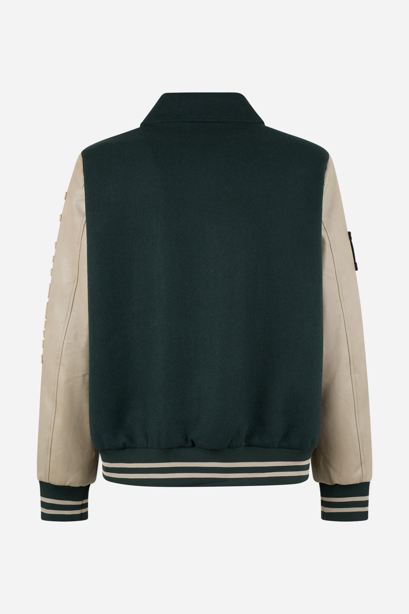 Men's long-sleeve varsity jacket with wool felt body, contrasting faux leather sleeves, ribbed trims, padded lining, chenille patches, and embroidered logo for classic style. - Scarab/Sheer Bliss