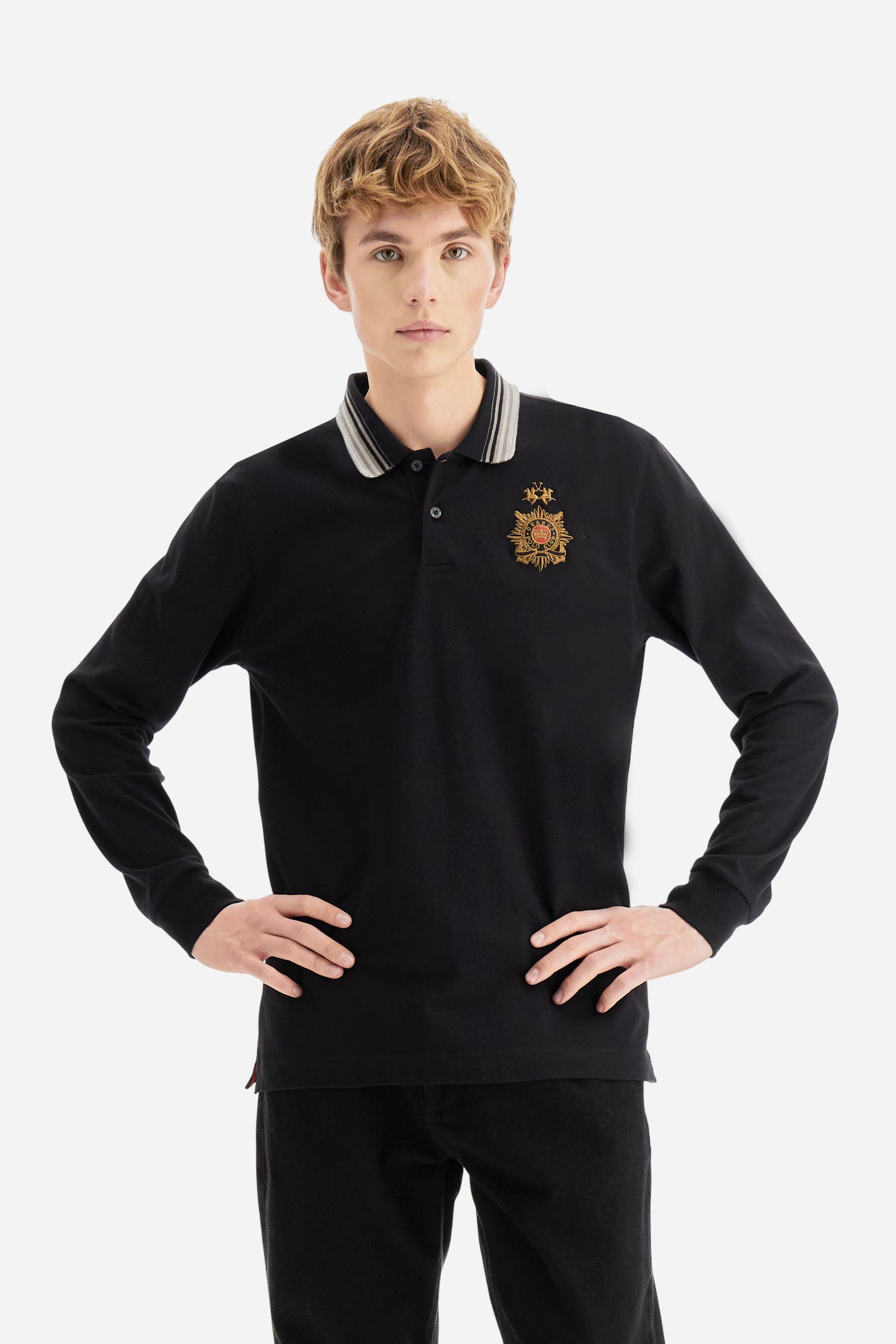 Long-sleeve polo shirt in warm cotton jersey. Ribbed collar with multicolor stripes, contrast inner collar, and two-button placket. Brand logo and Guards crest embroidered in contrast on the chest. Regular fit for a comfortable, versatile silhouette. Model wears size L. - Black