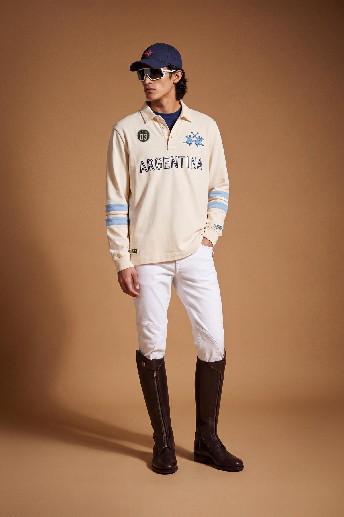 Men's long-sleeve polo in 100% high-weight cotton jersey with a contrasting gabardine collar, embroidered details, and a relaxed, contemporary fit for durable comfort. - Pristine