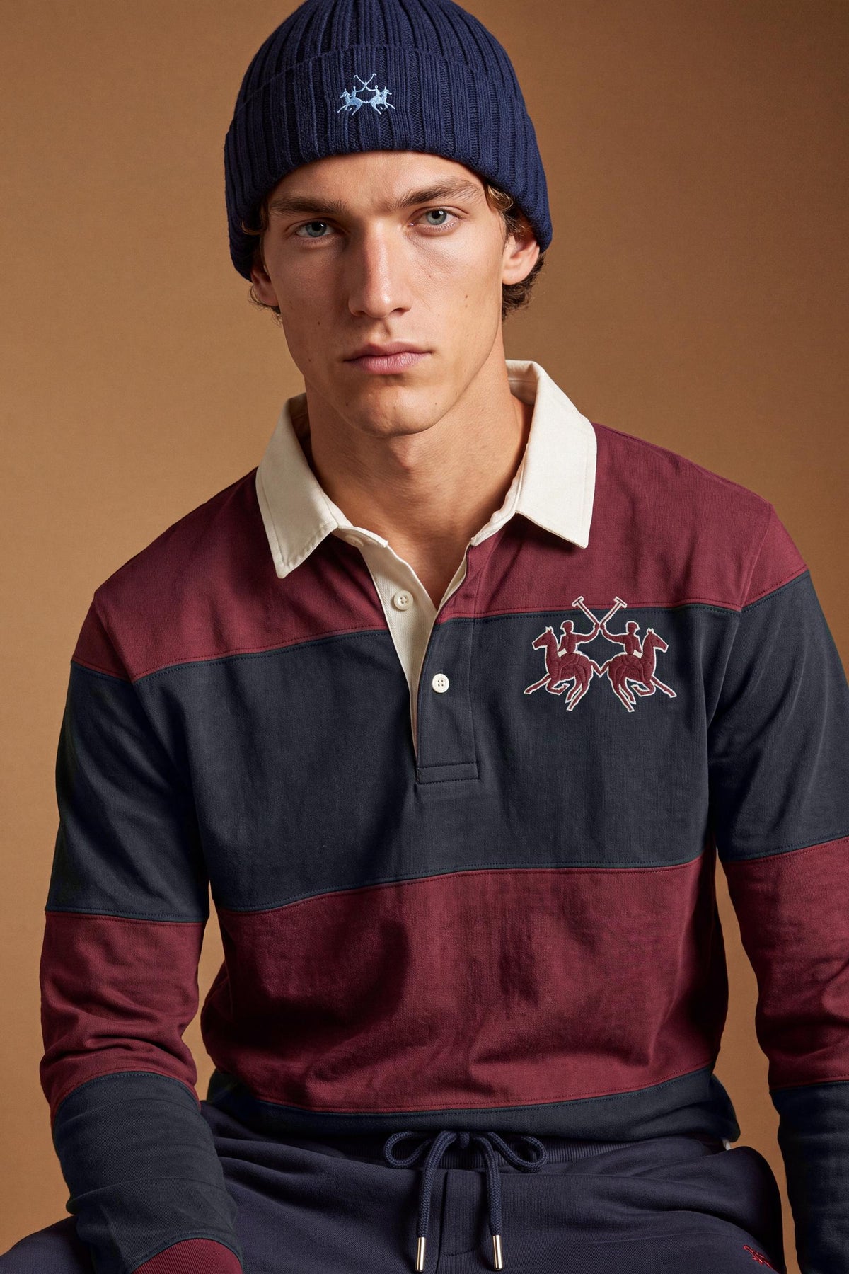 Men's long-sleeve polo made from heavy 100% cotton with a modern fit, dropped shoulders, wide rugby stripes, contrasting gabardine collar, and bold logo details. - Port Royale/Navy Bla