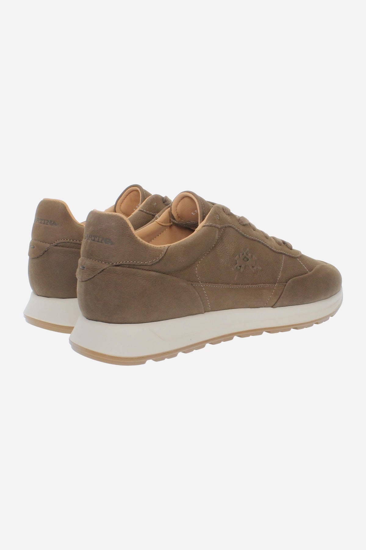 Men's nubuck sneaker with handcrafted stitching, embossed logo, leather-colored lining, and two-tone rubber PU sole for comfort and style. Made in Italy. - Camel