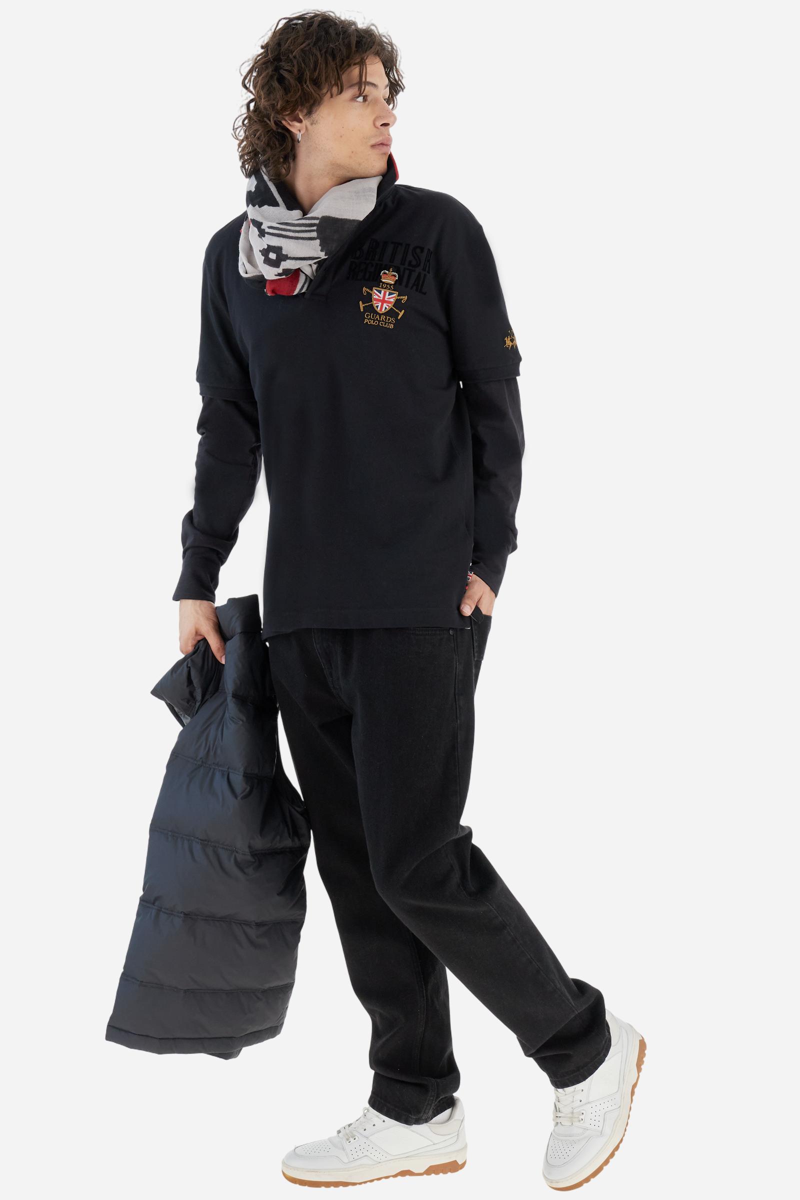 Short-sleeve polo shirt from the Guards capsule, made of high-quality stretch cotton piqué. Ribbed collar and cuffs in matching tone, with contrast striped detail on the collar. Three-button personalized placket. Multicolor graphics, patches, and lettering celebrate the British regiment, applied to chest and sleeves. Brand logo embroidered in contrast on the left sleeve. Regular straight fit. Model wears size L. - Black