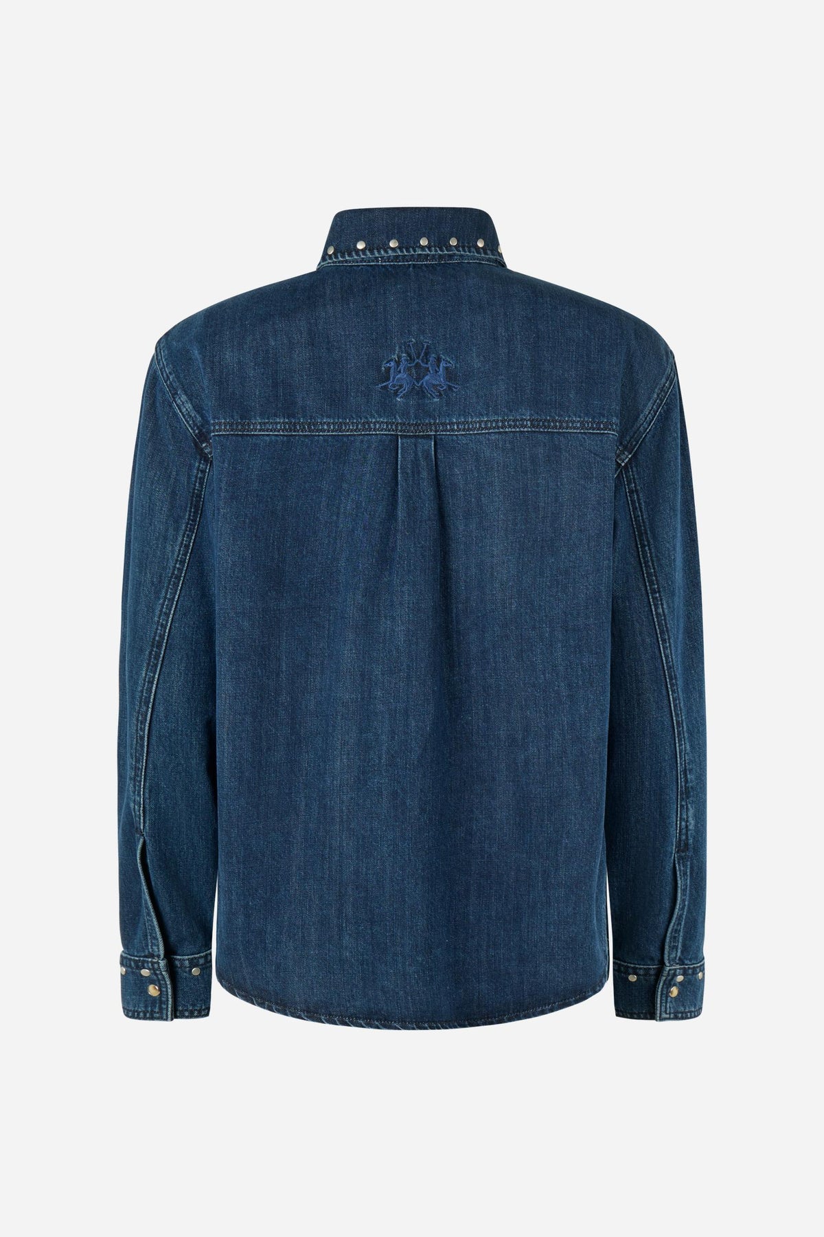 Women's 100% cotton denim shirt with a sturdy structure, dark blue wash, metal rivet details, snap button closure, two flap pockets, and embroidered logo. - Dark Indigo Denim