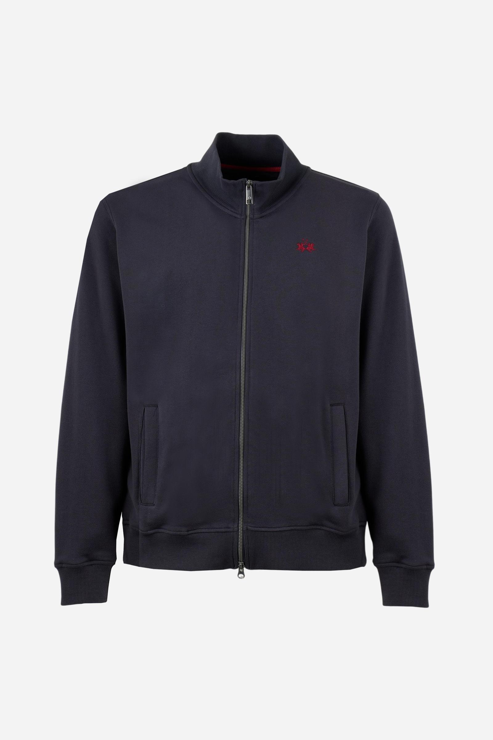 Men's 100% cotton fleece sweatshirt with a high collar, customized zipper, ribbed cuffs and hem, regular fit, and a subtle embroidered logo for comfort and style. - Navy Blazer
