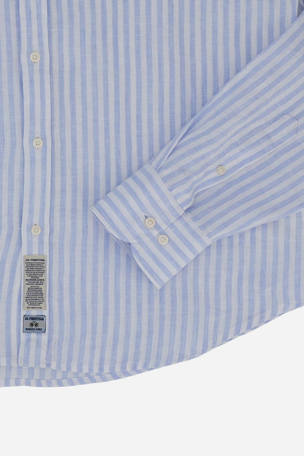 Men’s striped linen long-sleeve shirt with button-down collar. Regular fit and contrast embroidered logo on the chest. - Skyway/Optic White                                                                                                                                                                                                                                                                                                                                                                                     