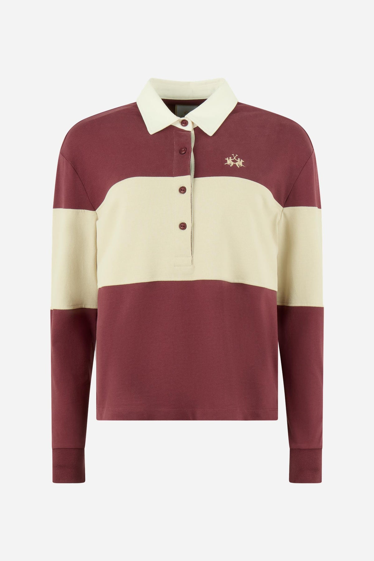 Women's long-sleeve polo in heavy 100% cotton jersey, featuring a contrast gabardine collar, double twill placket, color block stripes, and embroidered logo. - Port Royale/Pristine