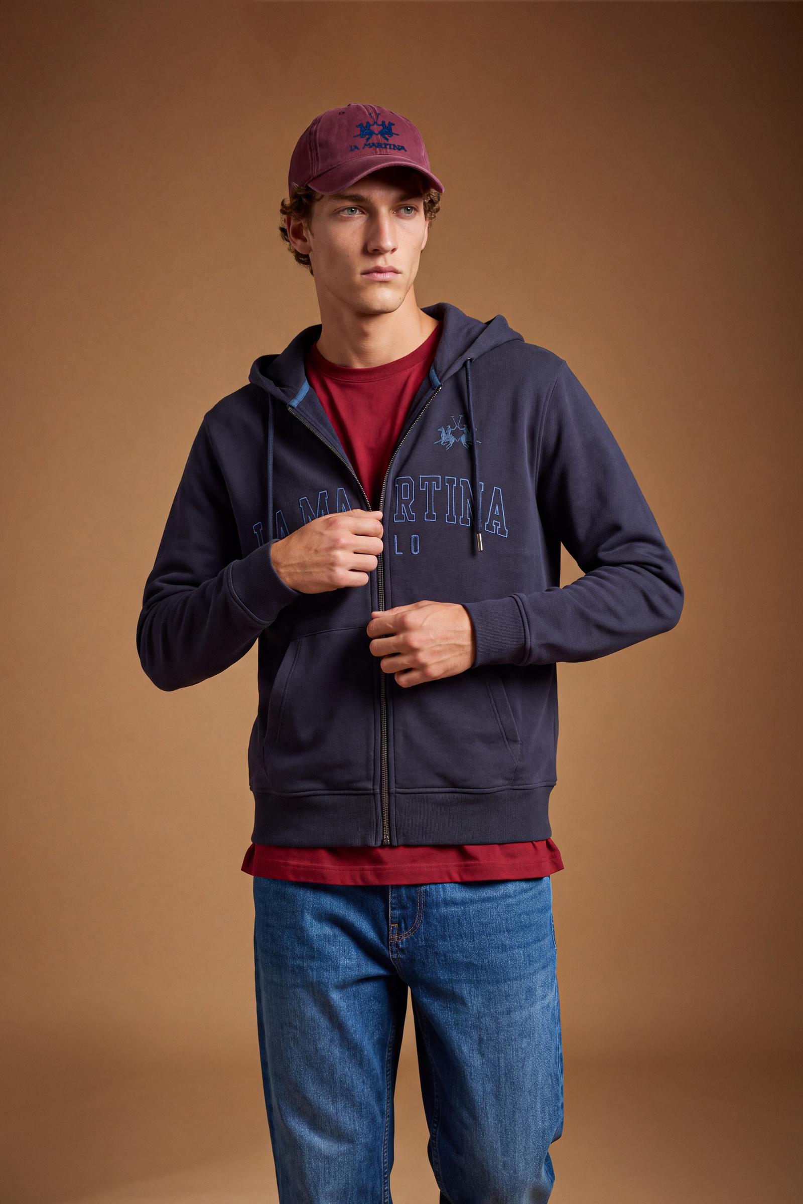Men’s long-sleeve sweatshirt in soft 100% brushed cotton, featuring a personalized zipper, adjustable hood, kangaroo pockets, ribbed cuffs, and bold embroidery. - Navy Blazer
