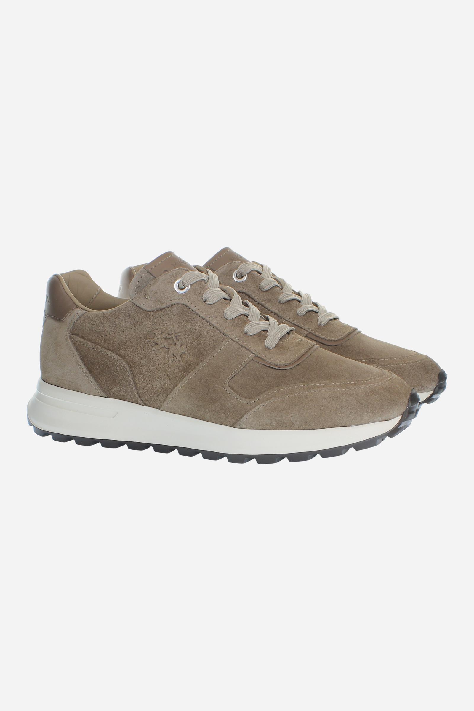 Men's suede sneaker with tone-on-tone stitching, hand-crafted details, heat-embossed logos, and a lightweight two-tone EVA sole for comfort and grip. - Taupe Gray