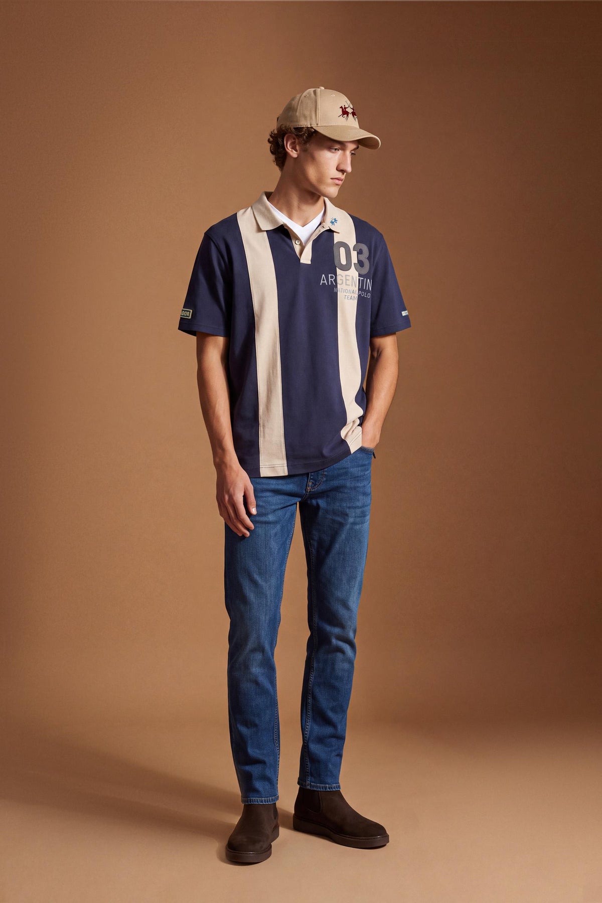 Men's short-sleeve polo in heavy 100% cotton with wide contrasting stripes, knitted collar, two-button placket, relaxed fit, and bold chest embroidery. - Navy Blazer