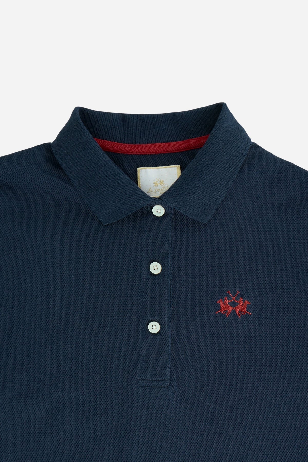 Women's long-sleeve polo shirt in 100% cotton piqué with a regular fit, ribbed collar, button front, fabric cuffs, and embroidered brand logo detail. - Navy Blazer