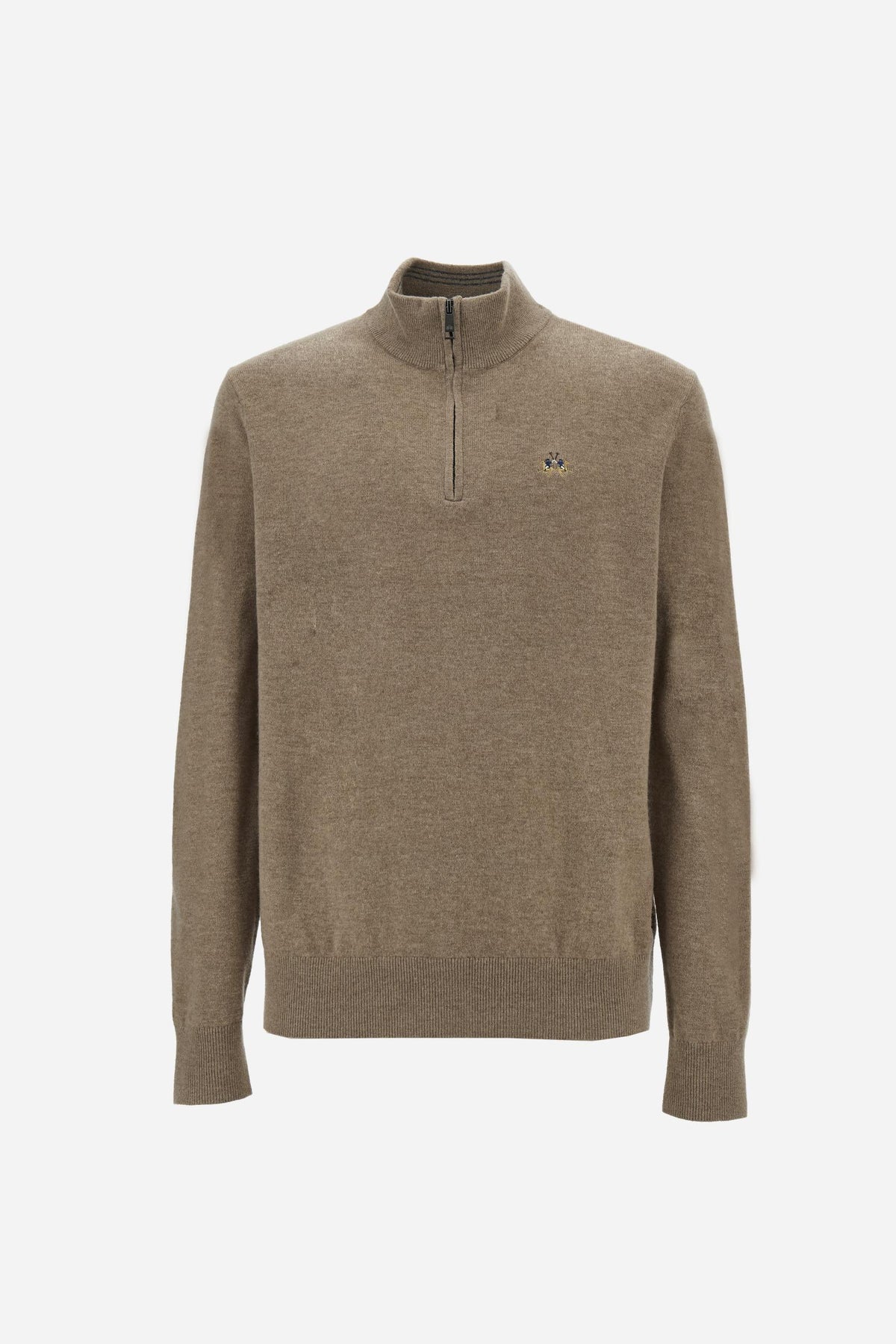 Herren-Pullover mit halbem Reißverschluss aus Lammwolle mit dreifarbigem Logo – Etor