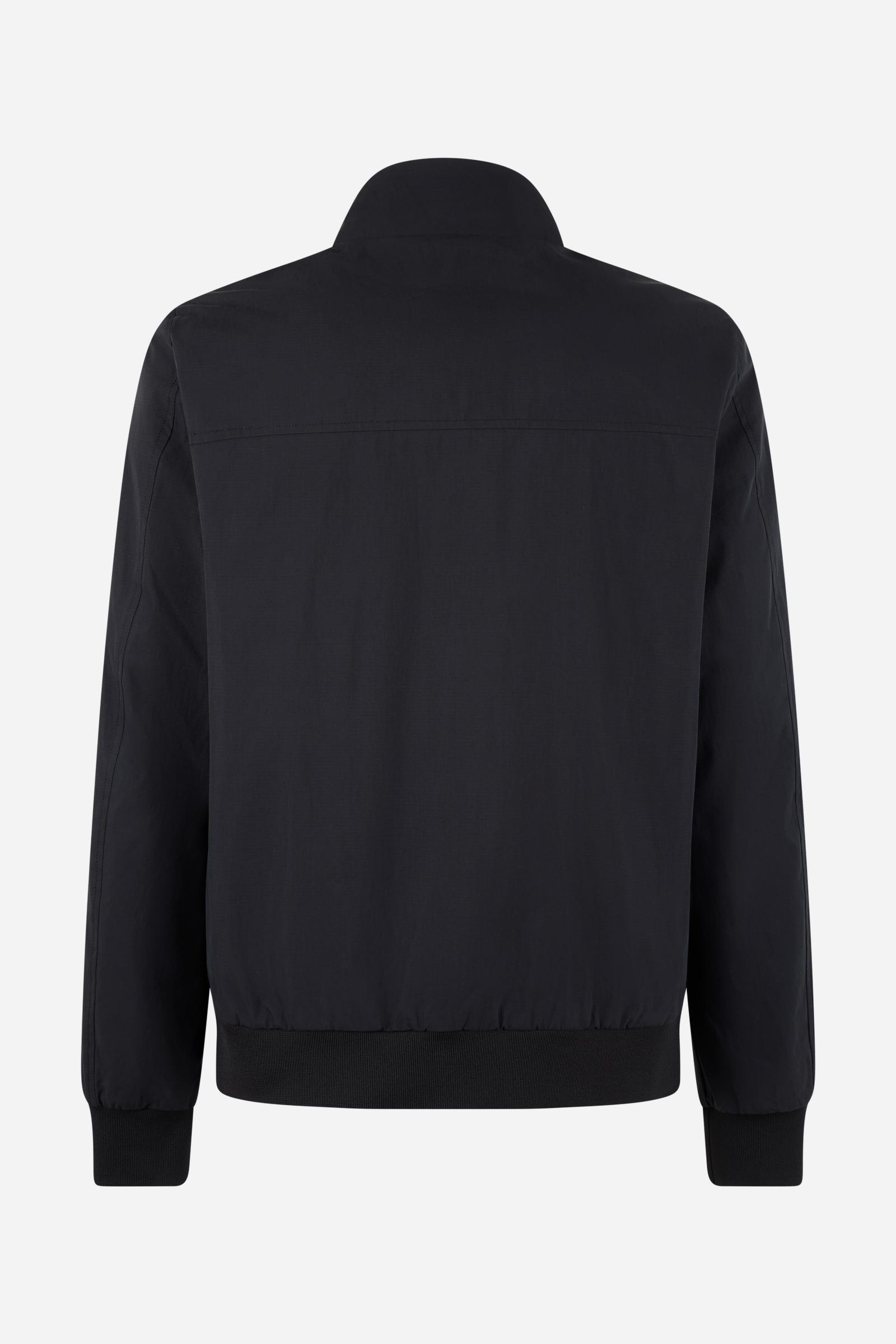 Men's padded jacket in cotton-polyamide blend for comfort and durability. Features high collar, zip closures, elastic ribbed trims, and polyester quilted lining - Black