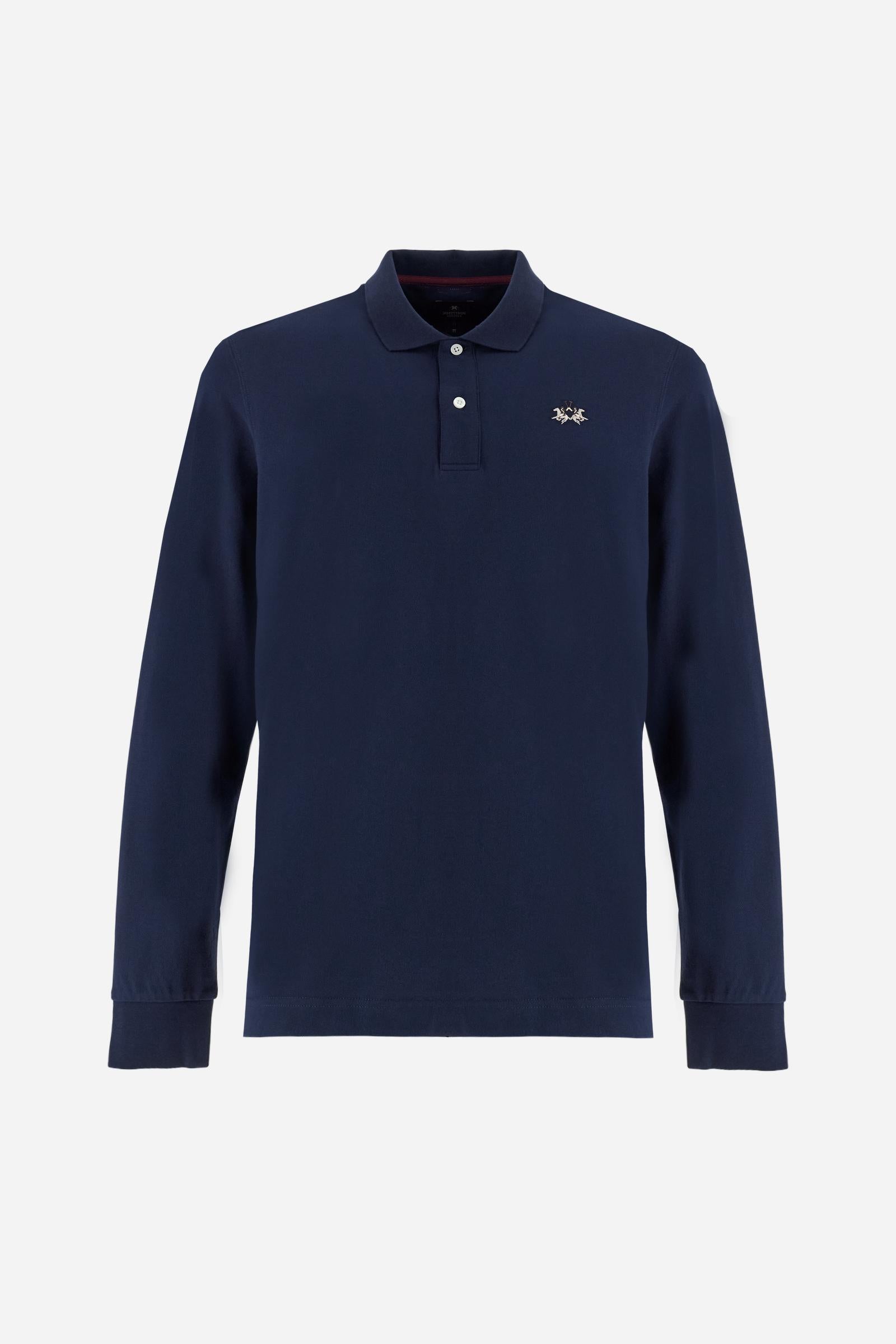 Men’s long-sleeve polo in high-quality stretch cotton piqué for comfort and flexibility. Tone-on-tone ribbed collar with contrast gabardine undercollar embroidered with the brand’s iconic lettering, revealed when the collar is lifted. Contrast embroidered logo on the chest. Slim fit, offering a modern silhouette that enhances the body while ensuring freedom of movement. Model wears size L. - Navy