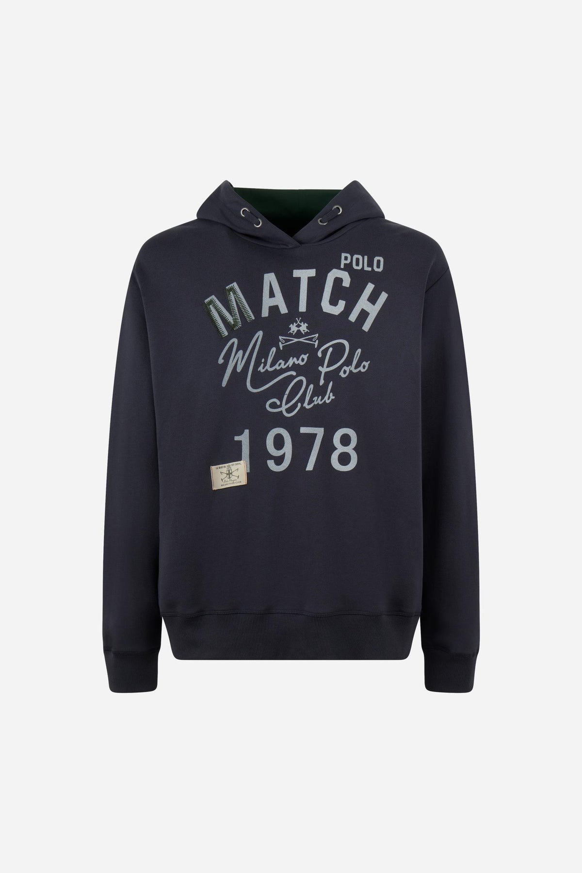 Men’s long-sleeve sweatshirt in soft brushed cotton with adjustable hood, relaxed fit, ribbed cuffs, and a textured vintage graphic for a stylish, comfortable look. - Navy Blazer