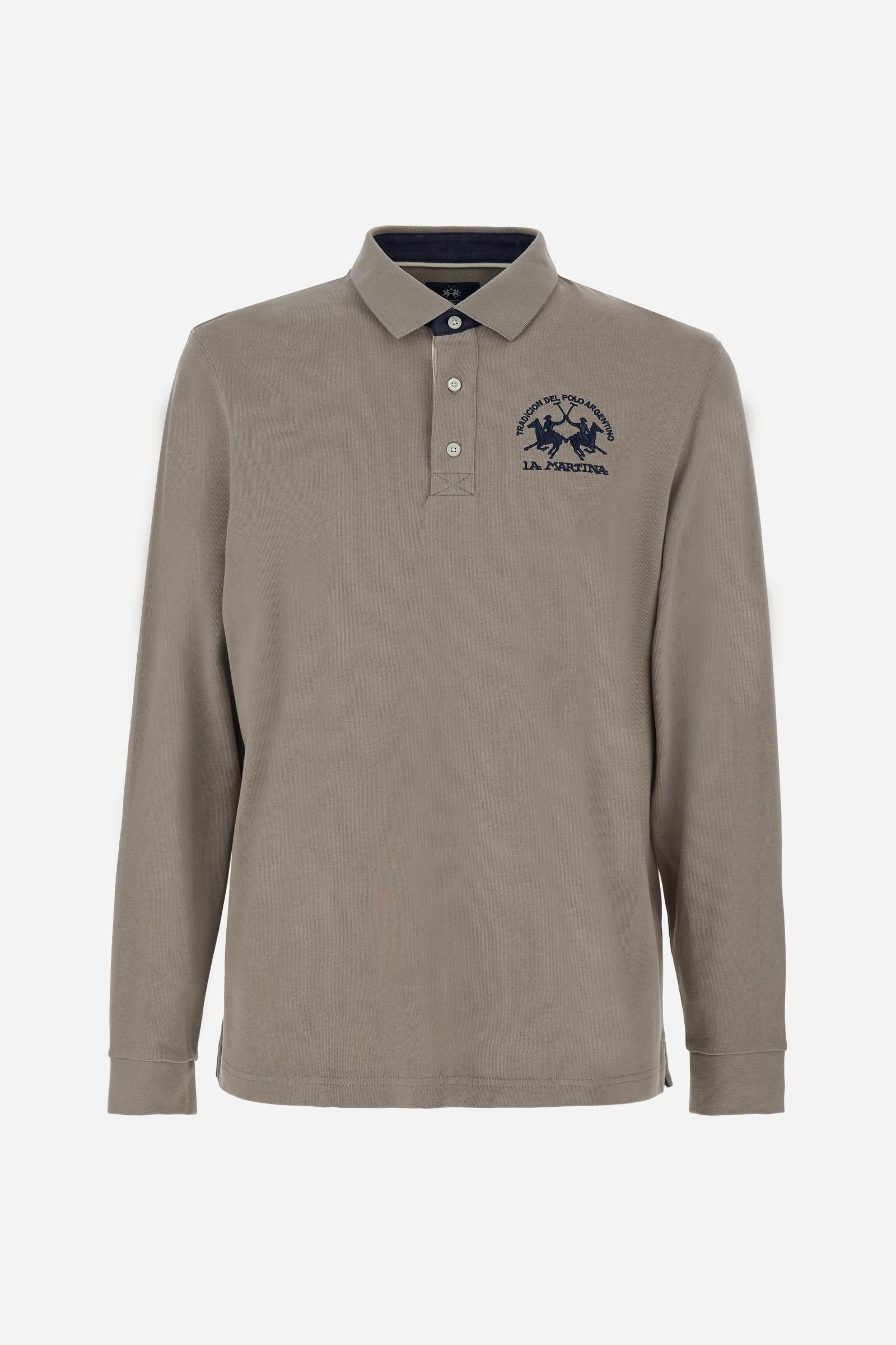 Men’s long-sleeve polo in premium soft-touch cotton jersey for a luxurious feel on the skin. Contrast gabardine details on the collar. Upper collar in tone-on-tone ribbing with printed La Martina lettering undercollar. Three customized buttons, enhanced by a multicolor striped tape on the placket. Contrast embroidered team logo on the chest. Regular fit. Model wears size L. - Moon Rock