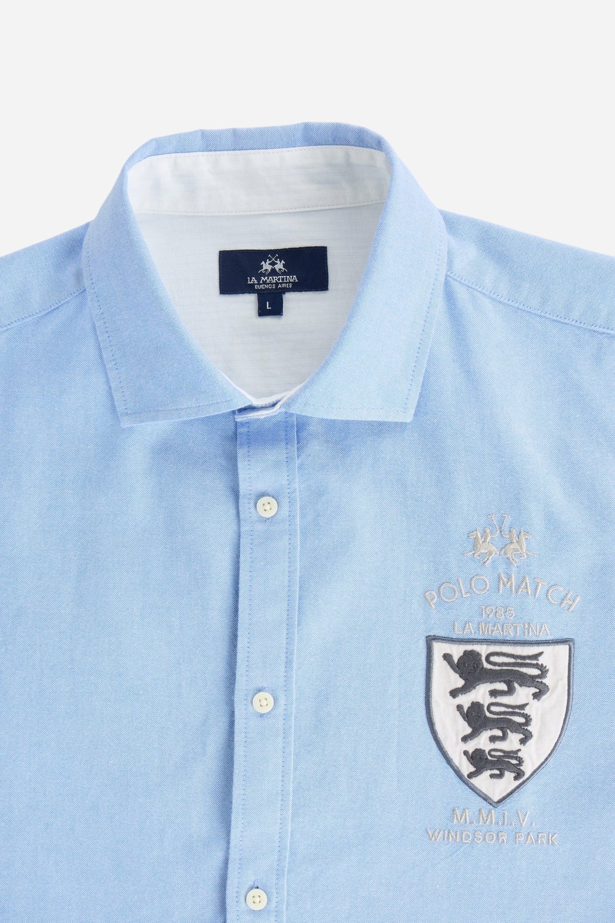 Men's 100% cotton Oxford shirt with a soft feel, regular fit, button-down collar, mother-of-pearl buttons, Polo Match embroidery, and embroidered number 3 patch. - Cornflower blue