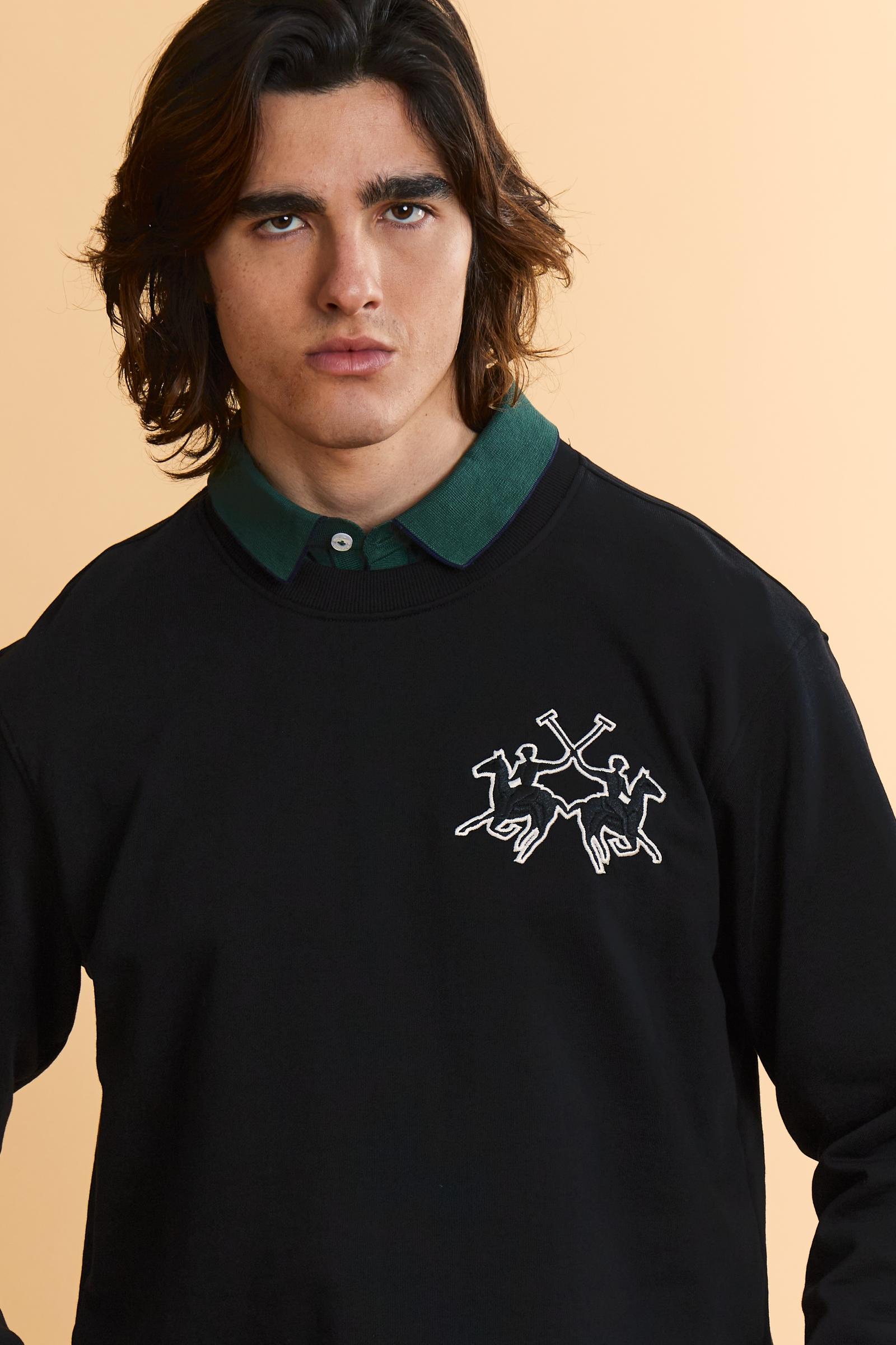 Men's crew-neck sweatshirt in 100% cotton diagonal fleece. Features a ribbed collar, cuffs, and hem, with a modern cut and exclusive maxi 3D embroidered logo. - Black