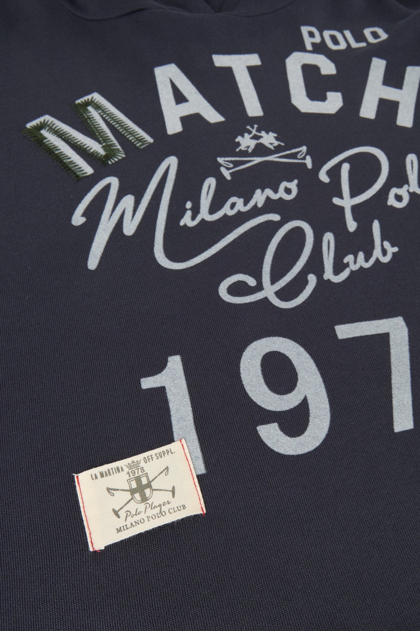 Men’s long-sleeve sweatshirt in soft brushed cotton with adjustable hood, relaxed fit, ribbed cuffs, and a textured vintage graphic for a stylish, comfortable look. - Navy Blazer