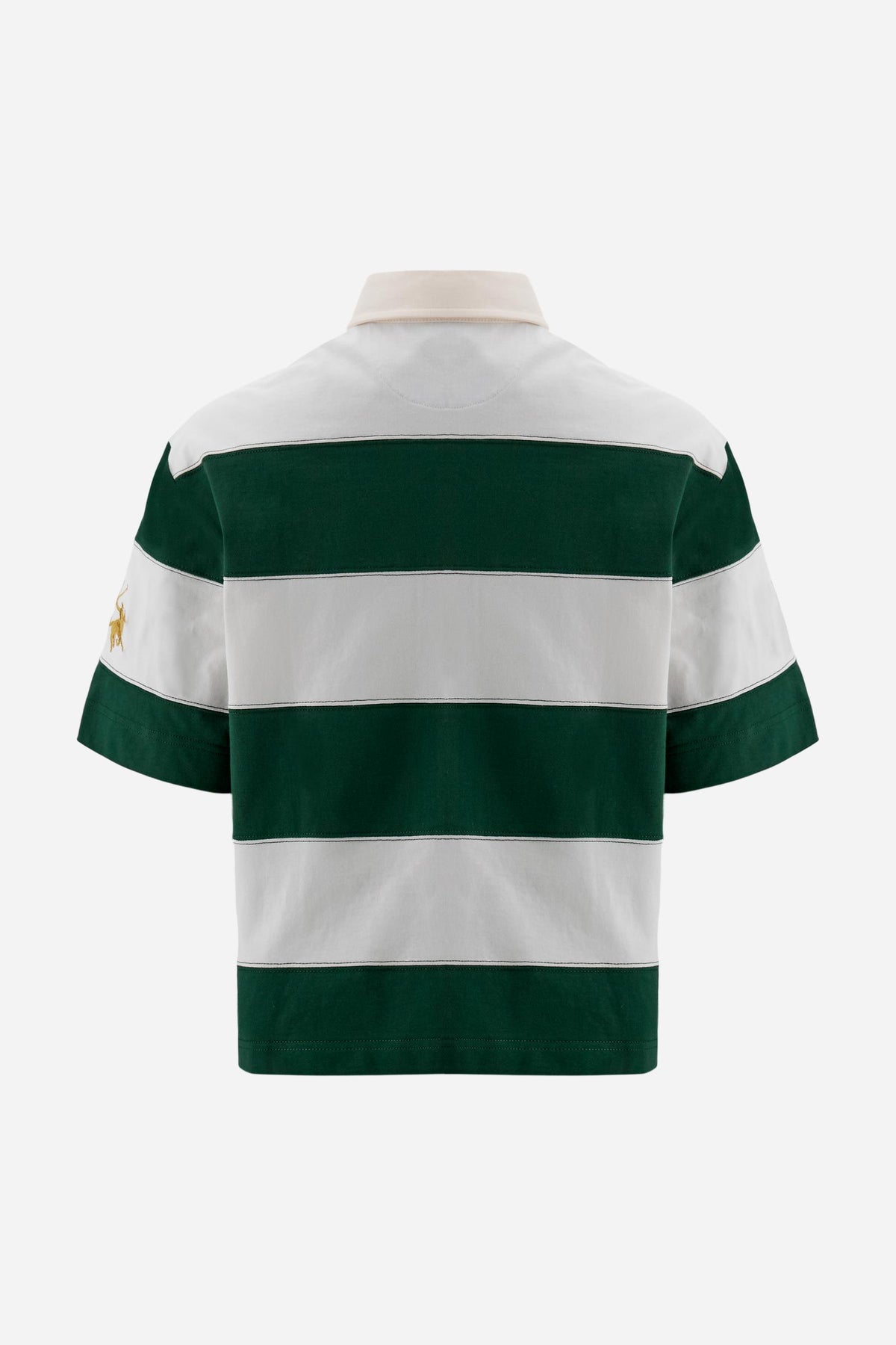 Women’s rugby polo in heavy cotton jersey with cropped boxy fit and maxi stripes. Contrast embroidery details. - Off White/Pineneedle