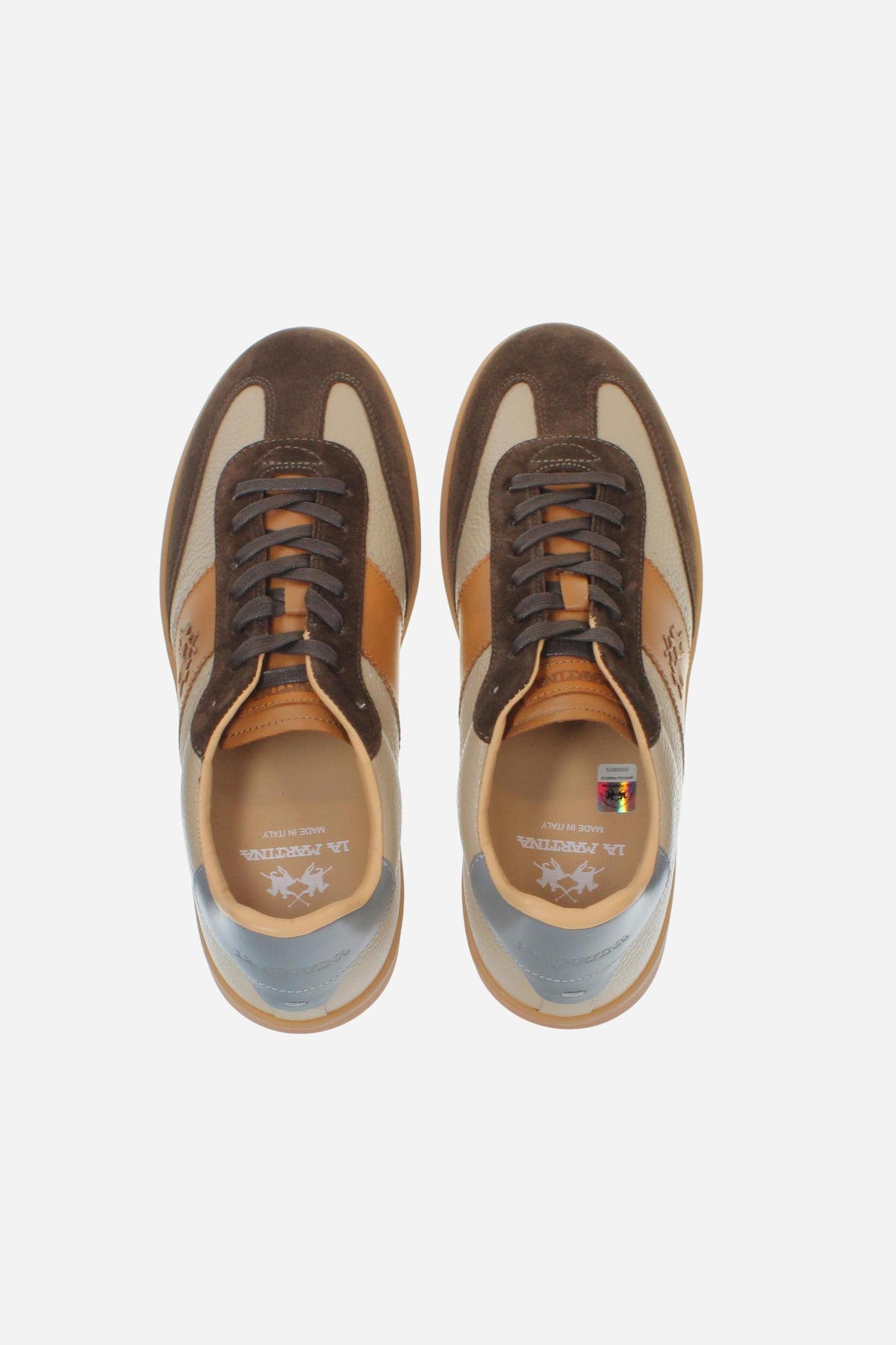 Men's suede and calfskin sneaker with vegetable-tanned leather stripe, handcrafted Cavalli logo, contrasting heel tab, and flat honey rubber sole. Made in Italy. - Summer Sand/Falcon