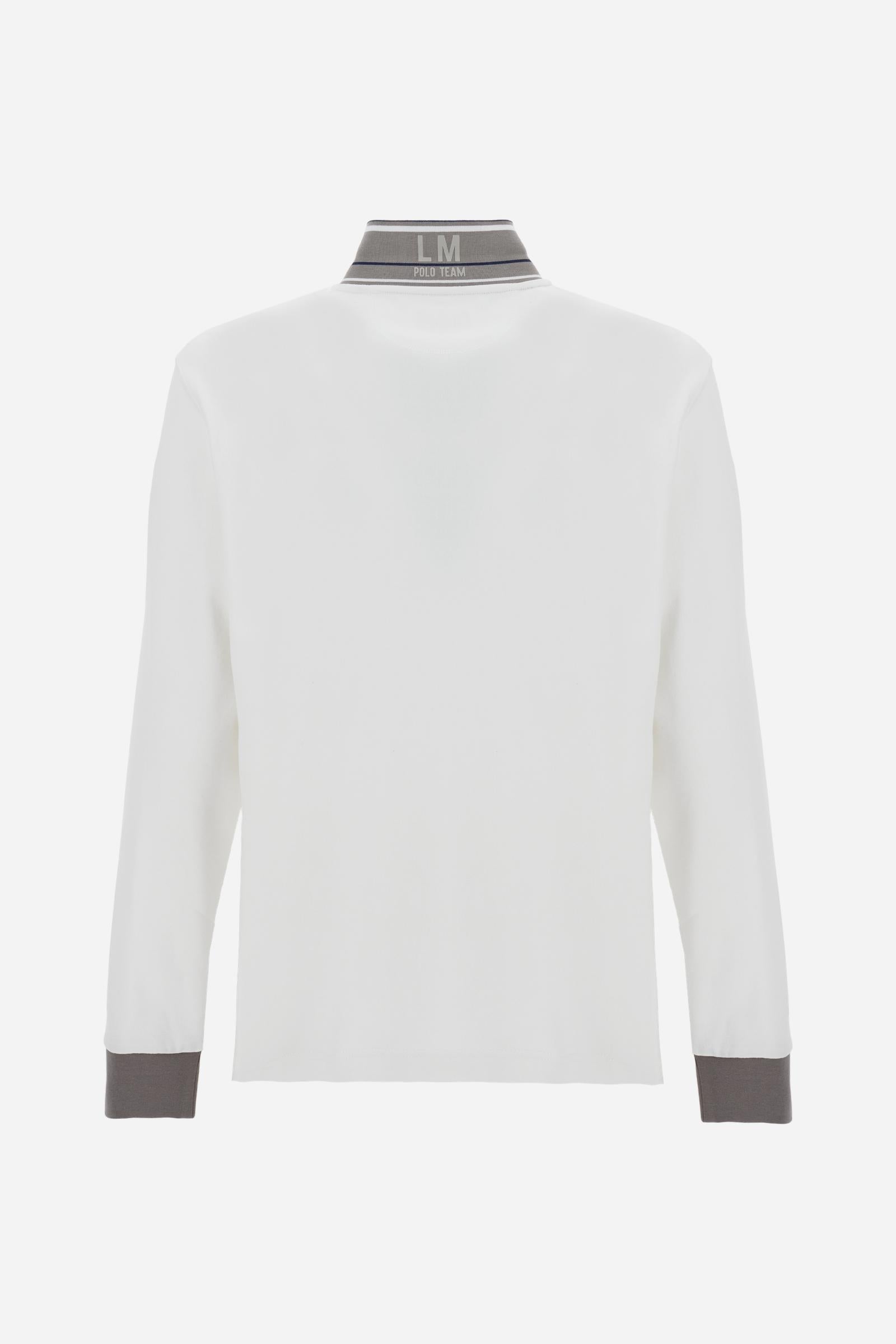 Men’s long-sleeve polo shirt in solid-colour cotton jersey with a warm, matte handfeel. Ribbed collar and cuffs with stripes and colour blocks in contrast, two personalised buttons and contrast details inside the collar. Patches and graphics on sleeves and chest celebrate the Official Polo Supplier team. The large multicolour logo is embroidered on the chest. Regular fit. The model wears size L. - Off White