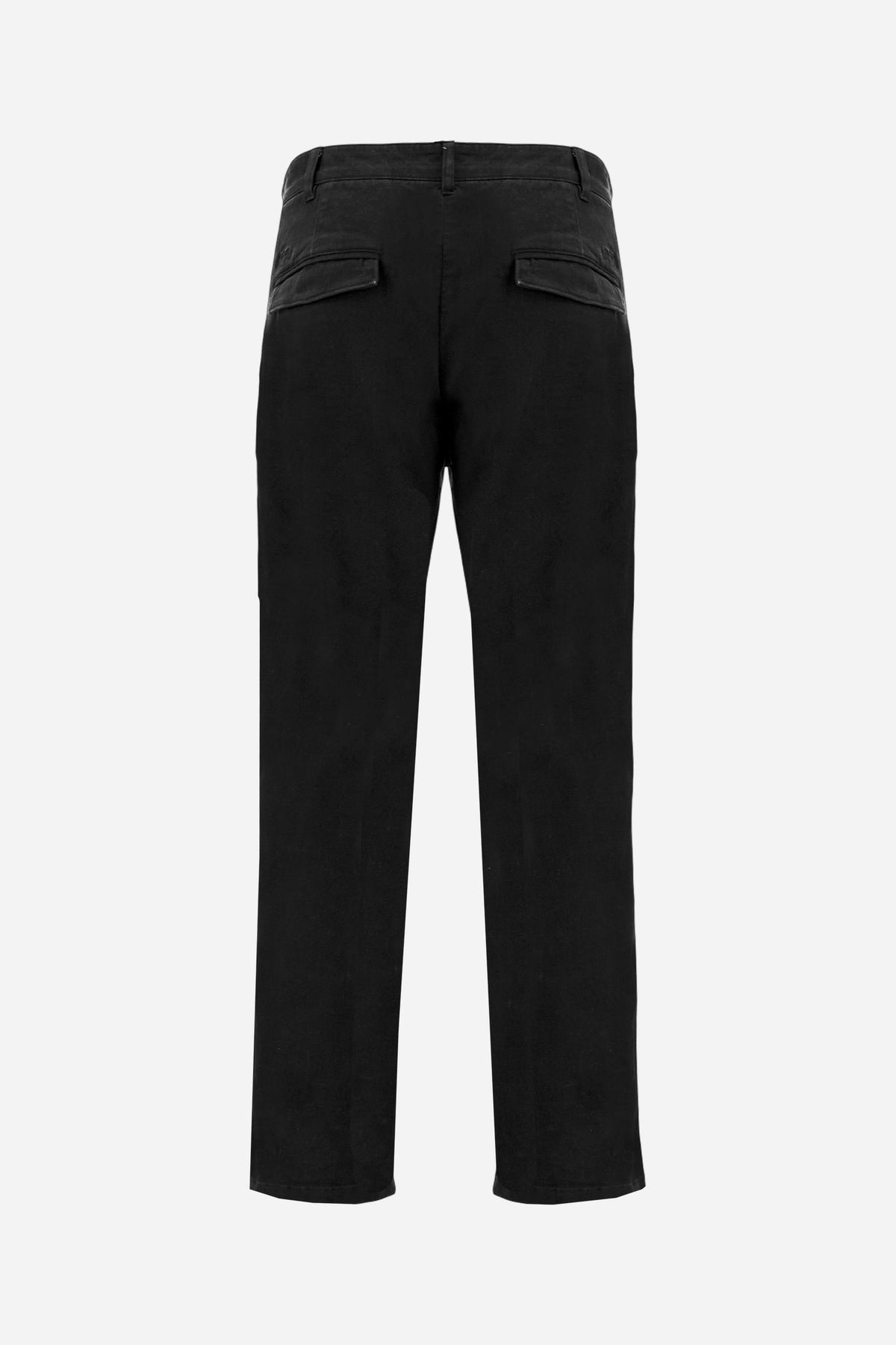 Men's stretch cotton twill trousers with a regular fit, straight leg, American-style side pockets, flap back pockets, and a waistband with zip, button, and belt loops. - Black