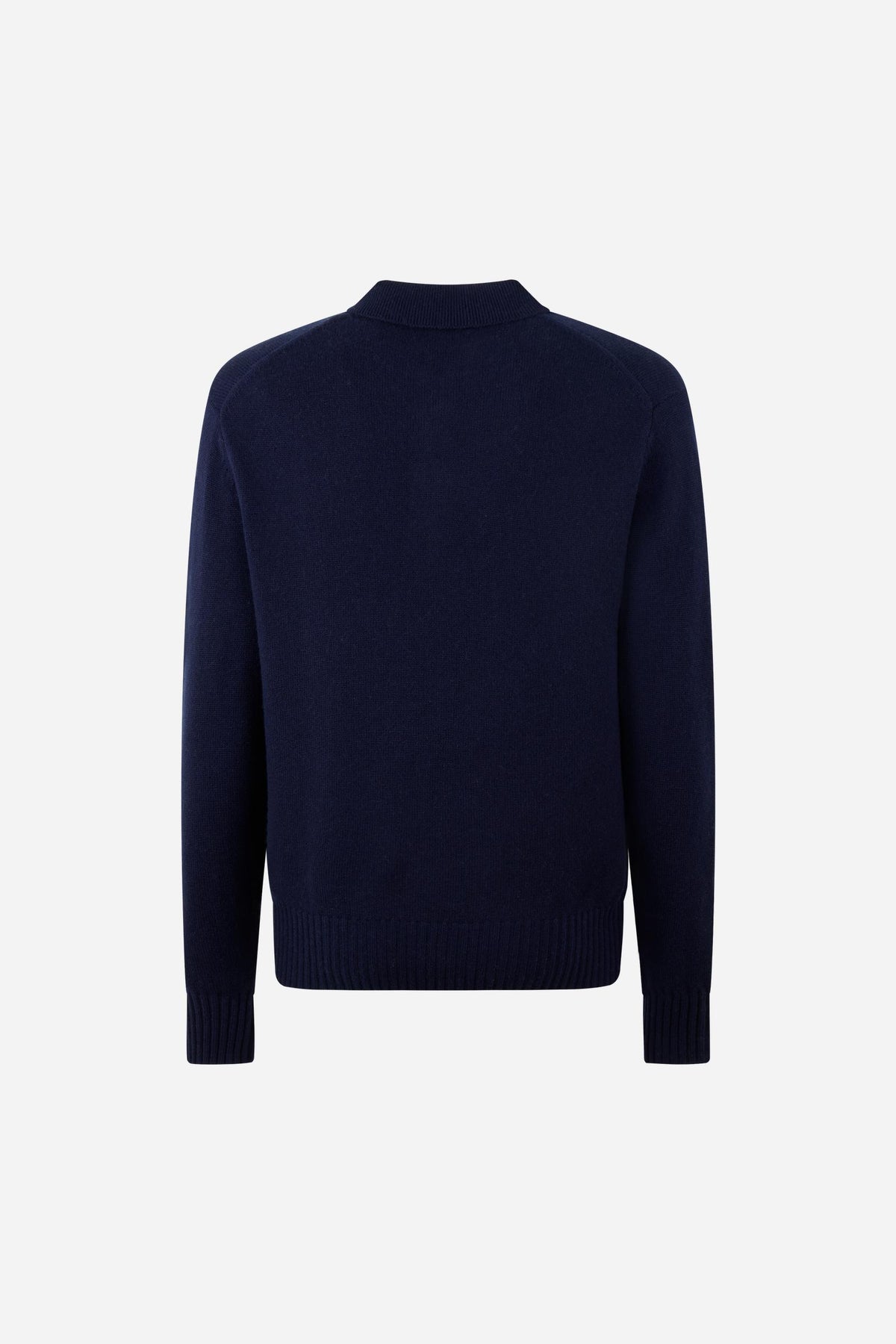 Men's knitted polo in cotton-wool blend with regular fit, ribbed cuffs and hem, classic collar, 2-button front, and subtle embroidered chest logo. - Navy