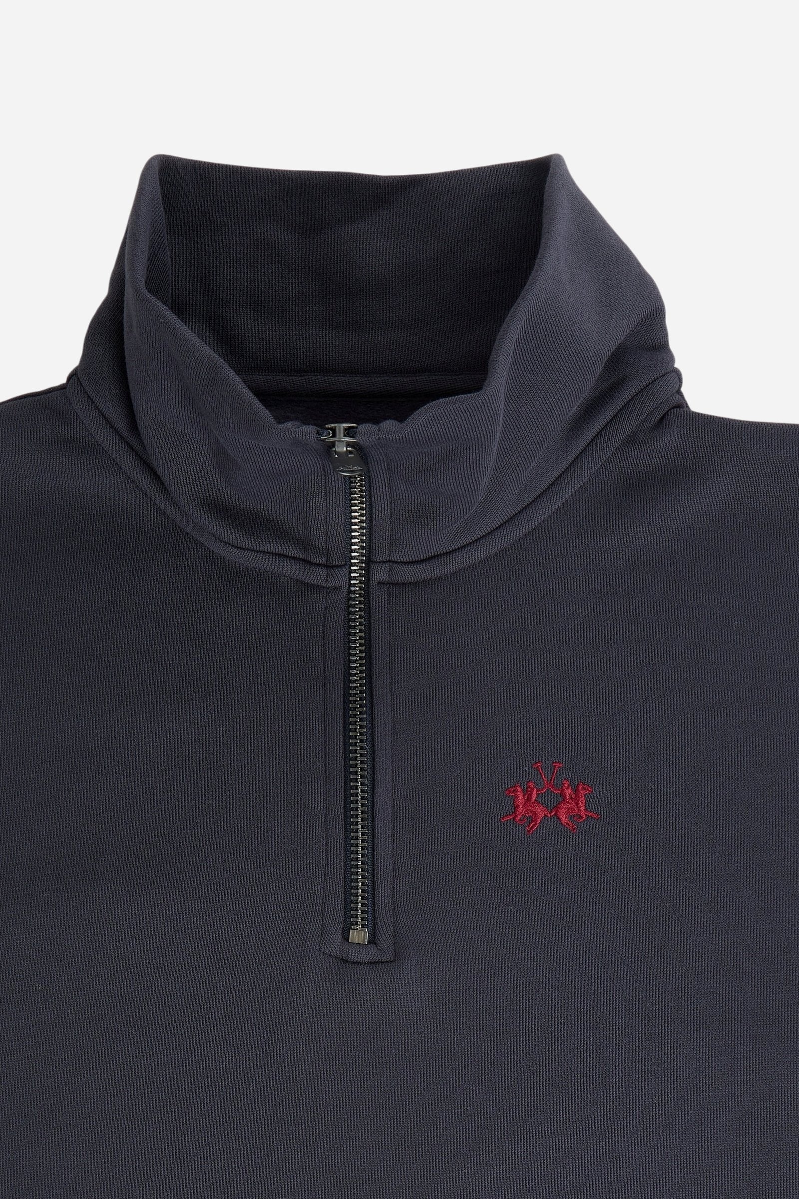 Soft, brushed cotton fleece sweatshirt with a high collar and half zipper, ribbed cuffs and hem, regular fit, and subtle embroidered logo for everyday comfort. - Navy Blazer