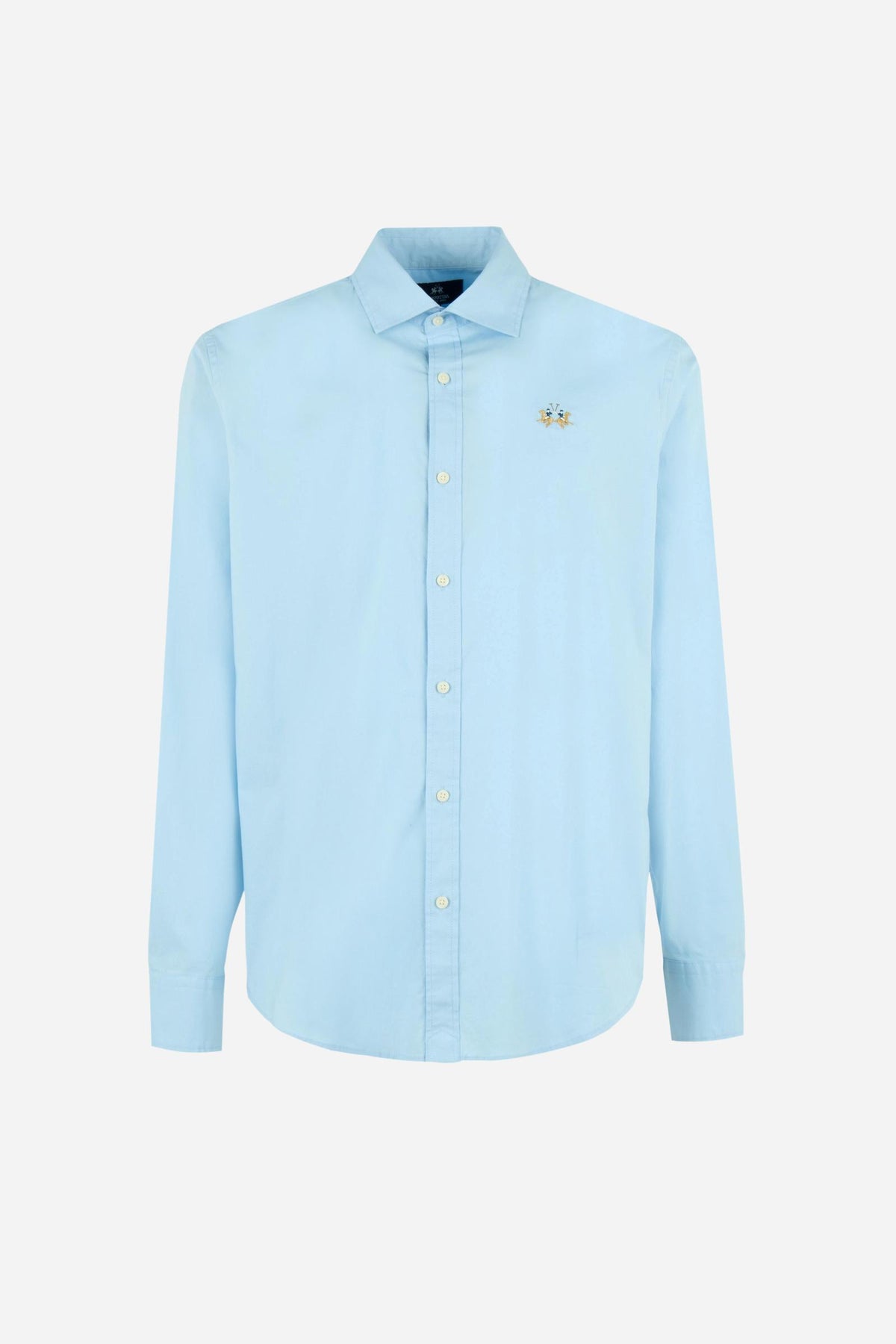 Men's long-sleeve 100% cotton poplin shirt with regular fit, French collar, custom buttons, single-button cuff, and Argentina Edition labels for a refined look. - Blue Bell