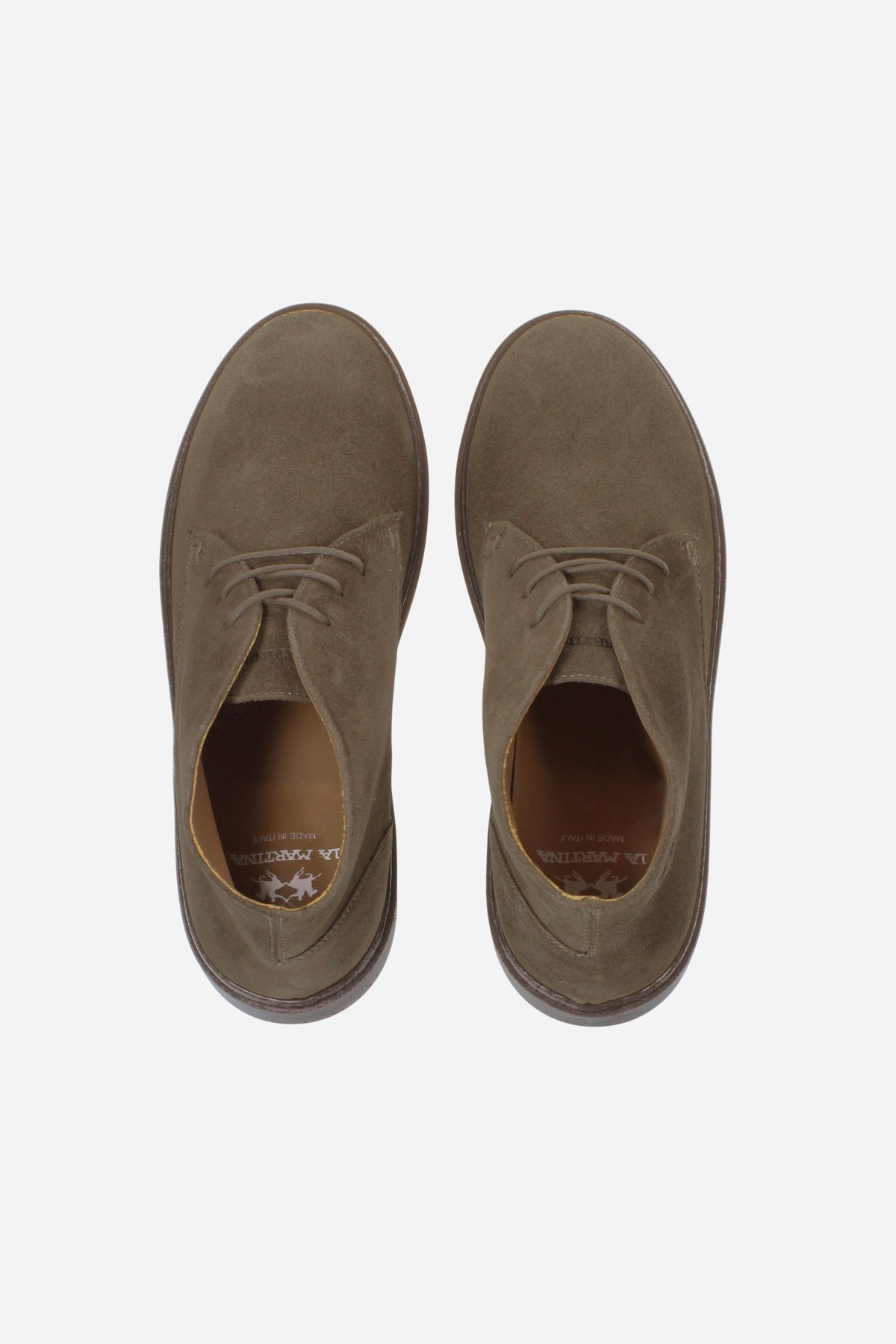 Men’s high-top suede shoes with visible stitching, embossed logo, and brown rubber sole for comfort and style. Crafted in Italy for casual and semi-formal wear. - Taupe Gray