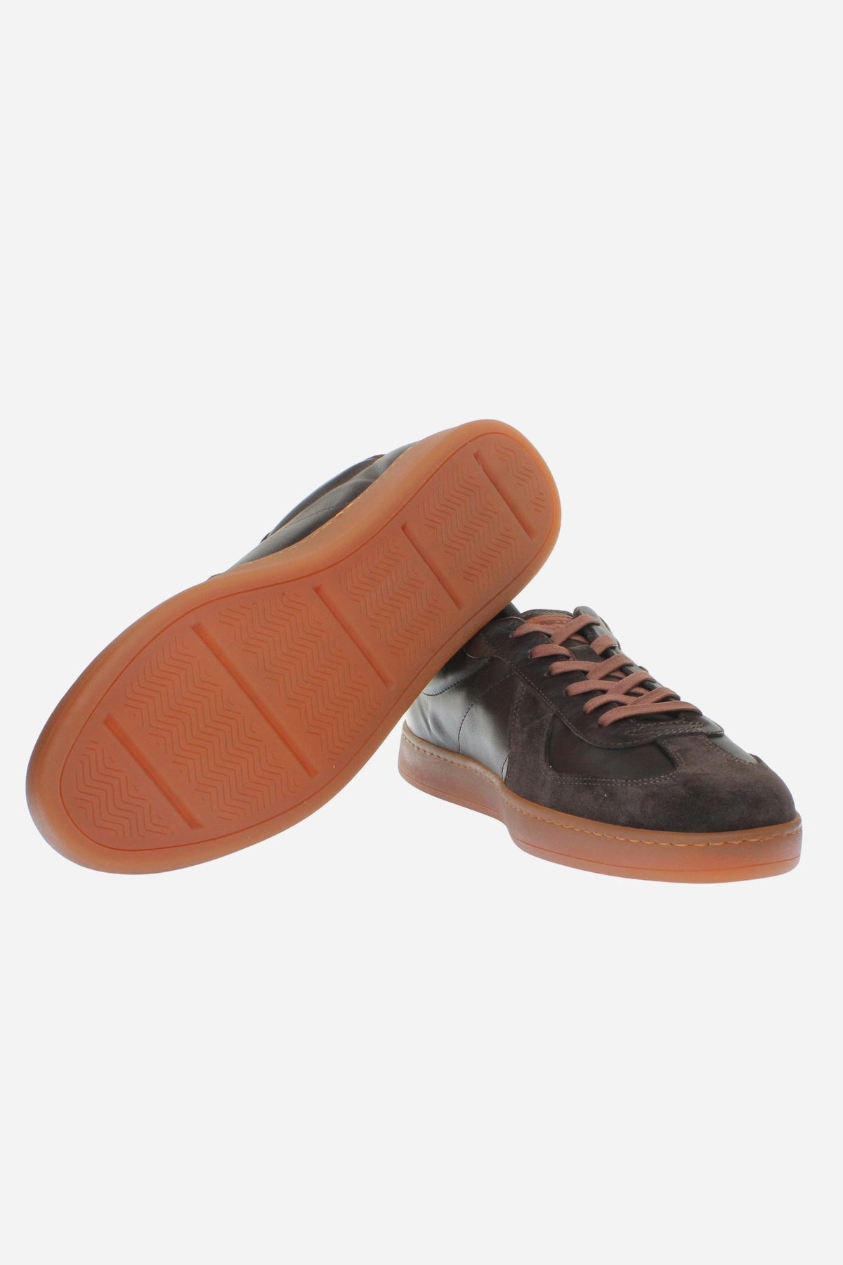 Men's deconstructed sneaker in vegetable-tanned calf leather and suede, with tone-on-tone stitching, honey rubber sole, Strobel construction, and Italian craftsmanship. - Black/Black