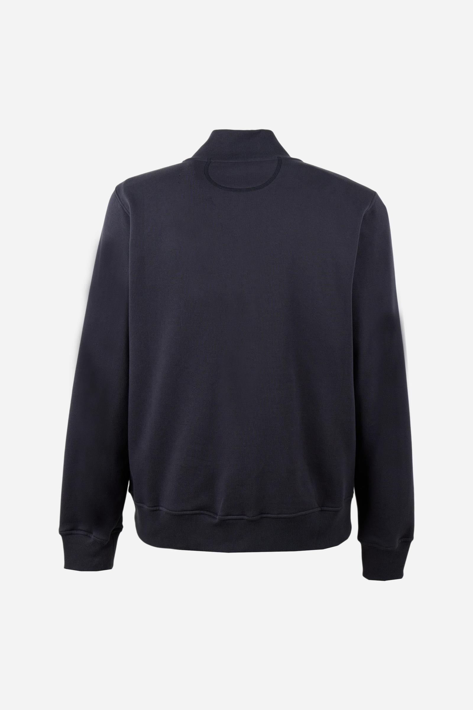 Men's 100% cotton fleece sweatshirt with a high collar, customized zipper, ribbed cuffs and hem, regular fit, and a subtle embroidered logo for comfort and style. - Navy Blazer
