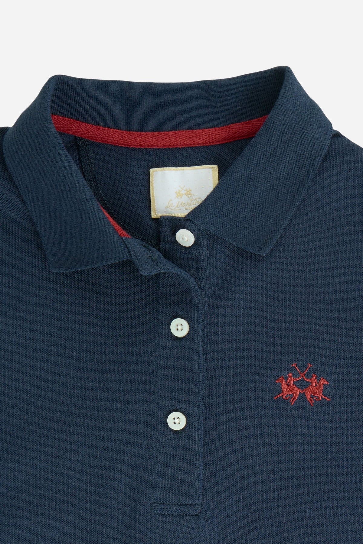 Women's long-sleeve polo shirt in 100% cotton piqué with a regular fit, ribbed collar, button front, fabric cuffs, and embroidered brand logo detail. - Navy Blazer