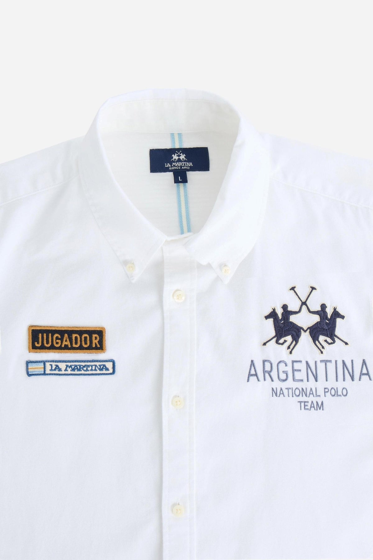 Men’s long-sleeve 100% cotton Oxford shirt with a soft texture, regular tailored fit, button-down collar, mother-of-pearl buttons, and detailed embroidered patches. - Optic White
