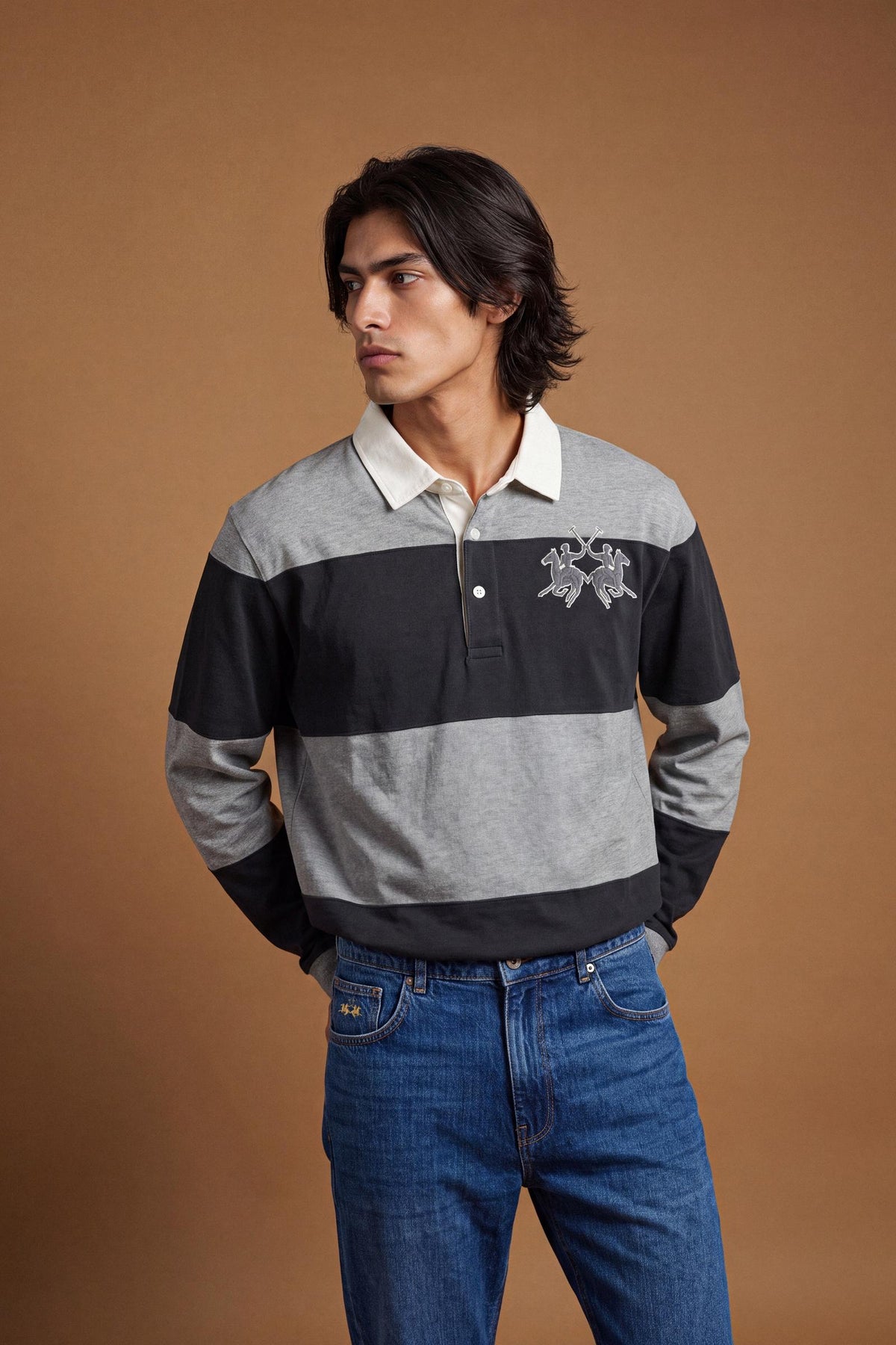 Men's long-sleeve polo made from heavy 100% cotton with a modern fit, dropped shoulders, wide rugby stripes, contrasting gabardine collar, and bold logo details. - M.H.Grey/Navy Blazer