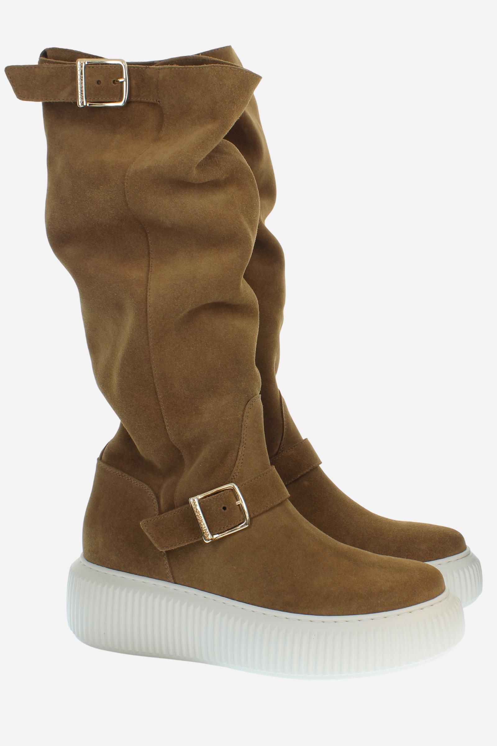 Women's high boots in soft suede with branded buckles and chunky rubber soles. A sporty and refined design for a unique and original style. - CAMEL