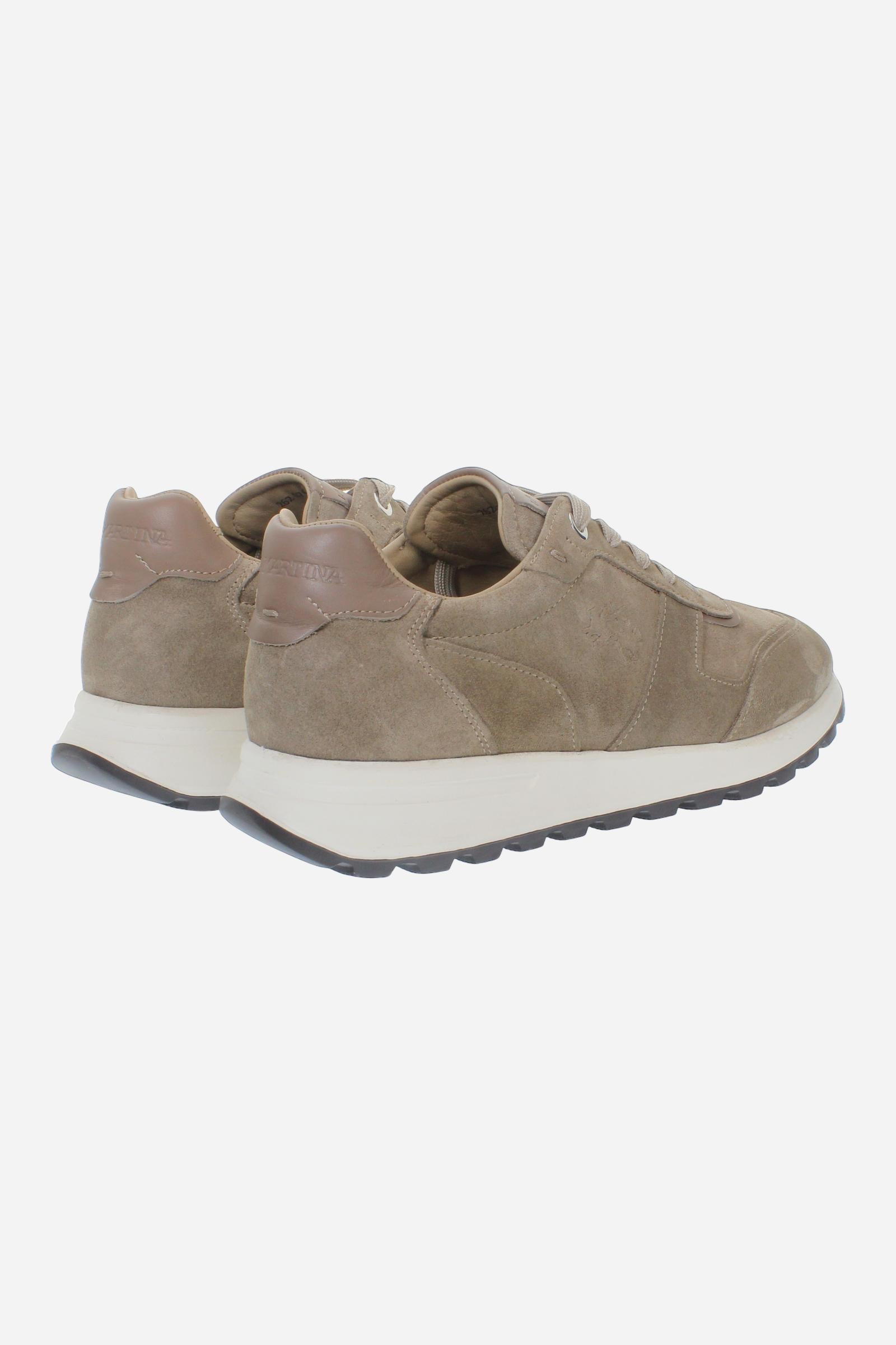 Men's suede sneaker with tone-on-tone stitching, hand-crafted details, heat-embossed logos, and a lightweight two-tone EVA sole for comfort and grip. - Taupe Gray