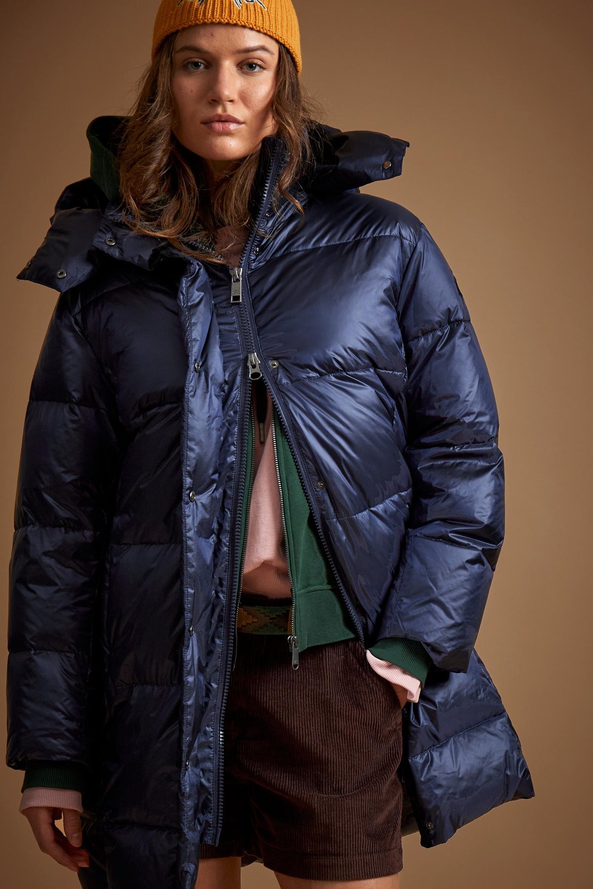 Long women's down jacket in iridescent nylon, feather-padded - Demi