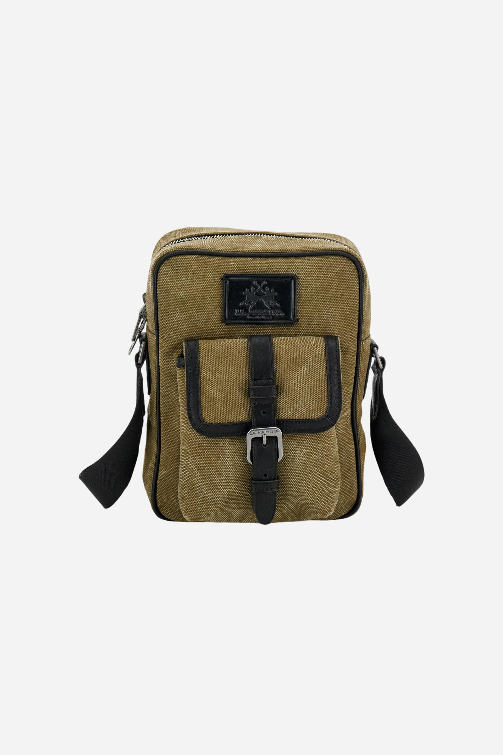 Men’s crossbody pouch in washed canvas with leather details, compact and functional with front pocket and metal logo buckle. - Green / Black                                                                                                                                                                                                                                                                                                                                                                                    