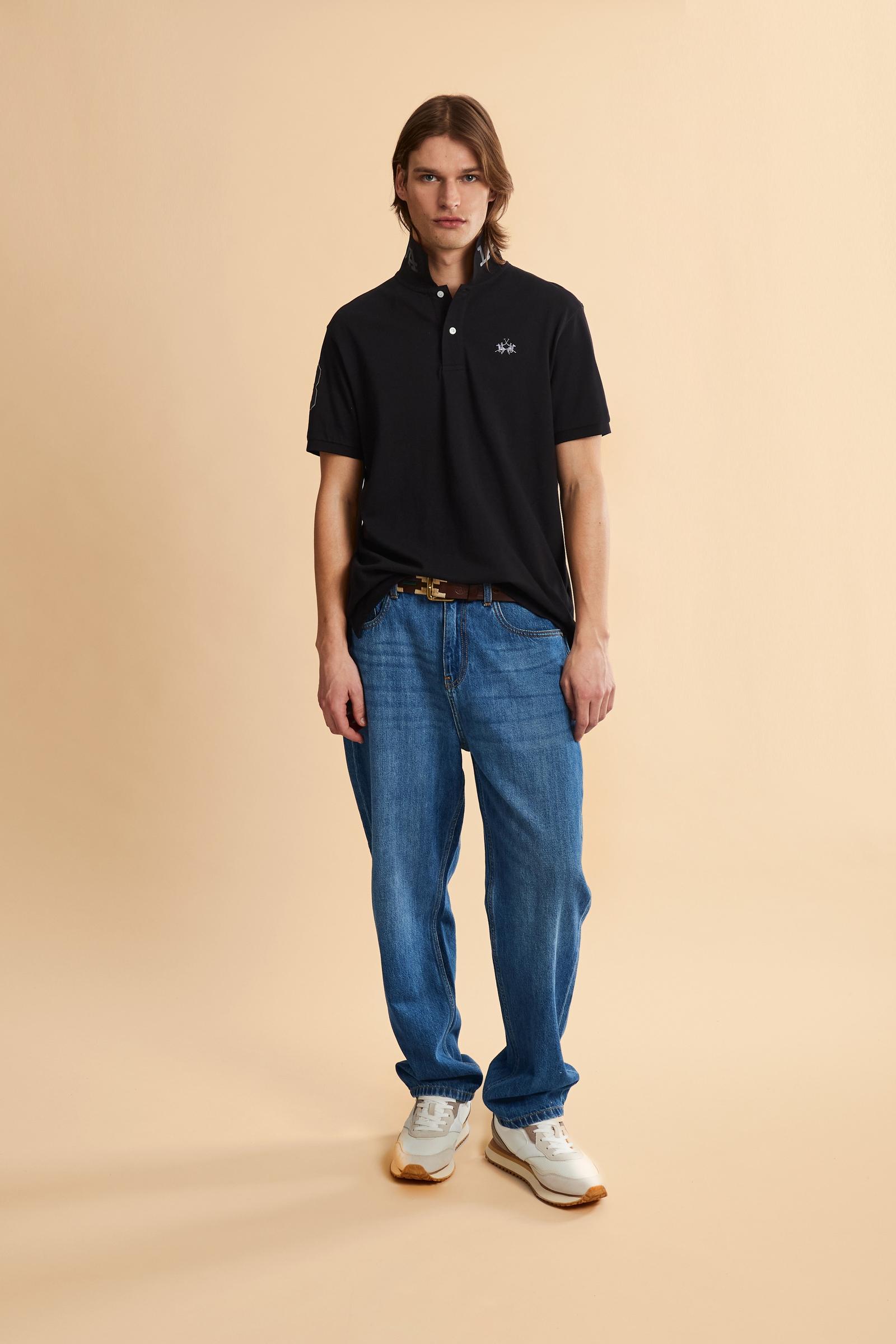 Men’s short-sleeve stretch piqué polo. Two-button placket and ribbed details, with a regular fit. Iconic style characterised by applied logo and patches. - Black                                                                                                                                                                                                                                                                                                                                                               