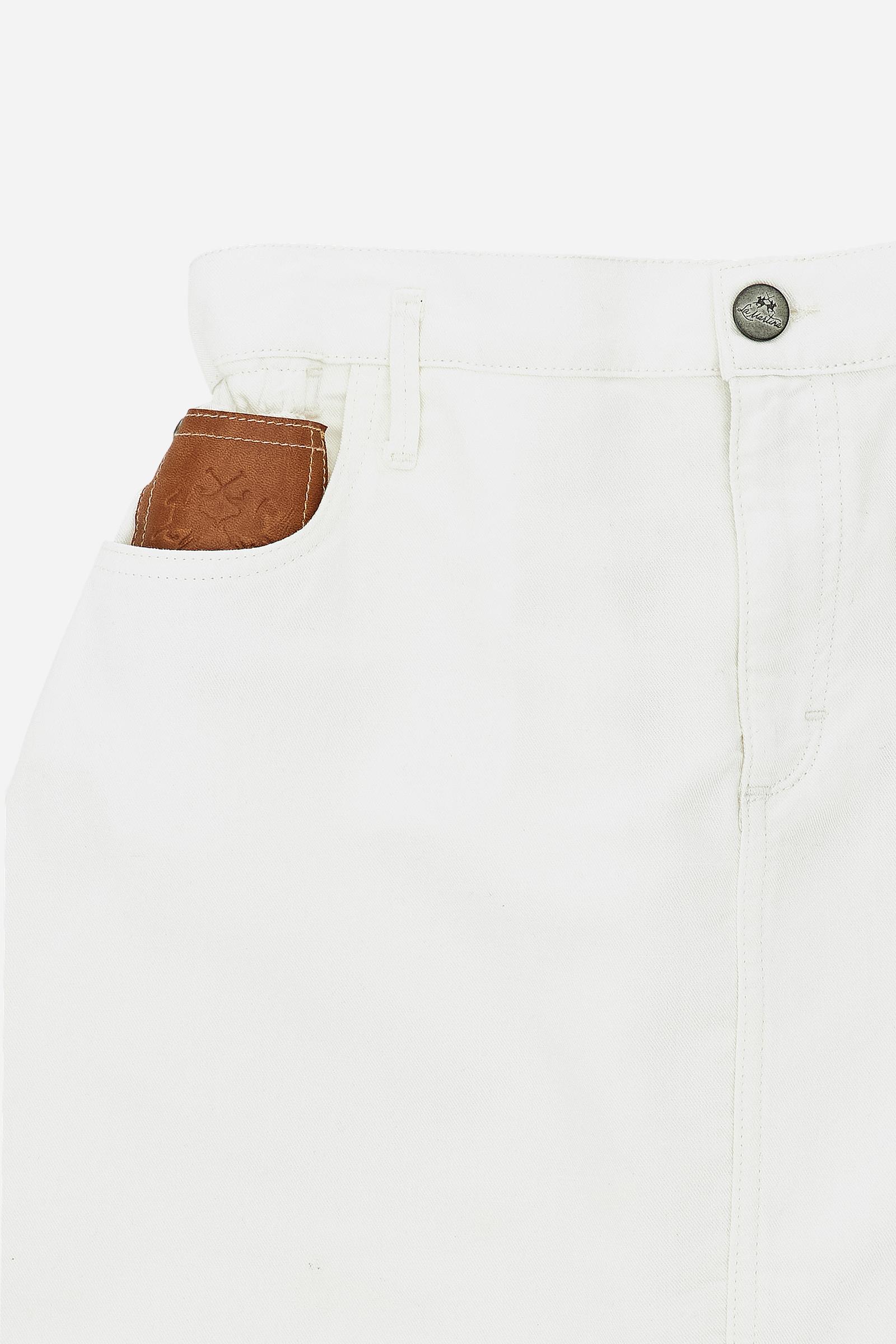 Denim mini skirt in cotton and linen. Classic five-pocket style with front fastening and gathered elastic drawstring waist, enriched with brand monogram on the back pocket and personalised leather patch. - Off White                                                                                                                                                                                                                                                                                                         