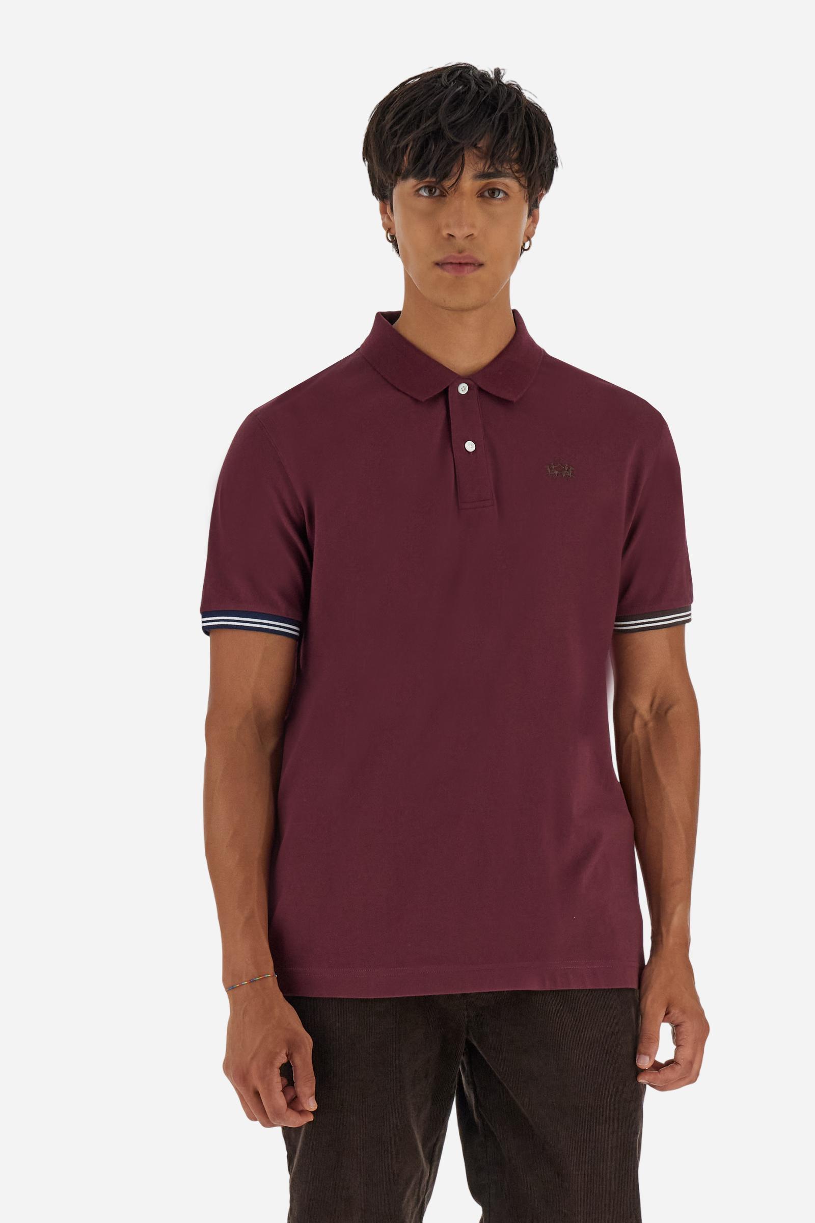 Men’s short-sleeve polo in high-quality stretch cotton piqué, ensuring excellent breathability and flexibility. Classic ribbed collar, two-button placket with customized buttons. Inner collar enriched with contrast tapes and colors for a modern touch. Multicolored ribbed cuffs with different patterns. Small contrast logo embroidered on the chest. Regular fit. Model wears size L. - Port Royale