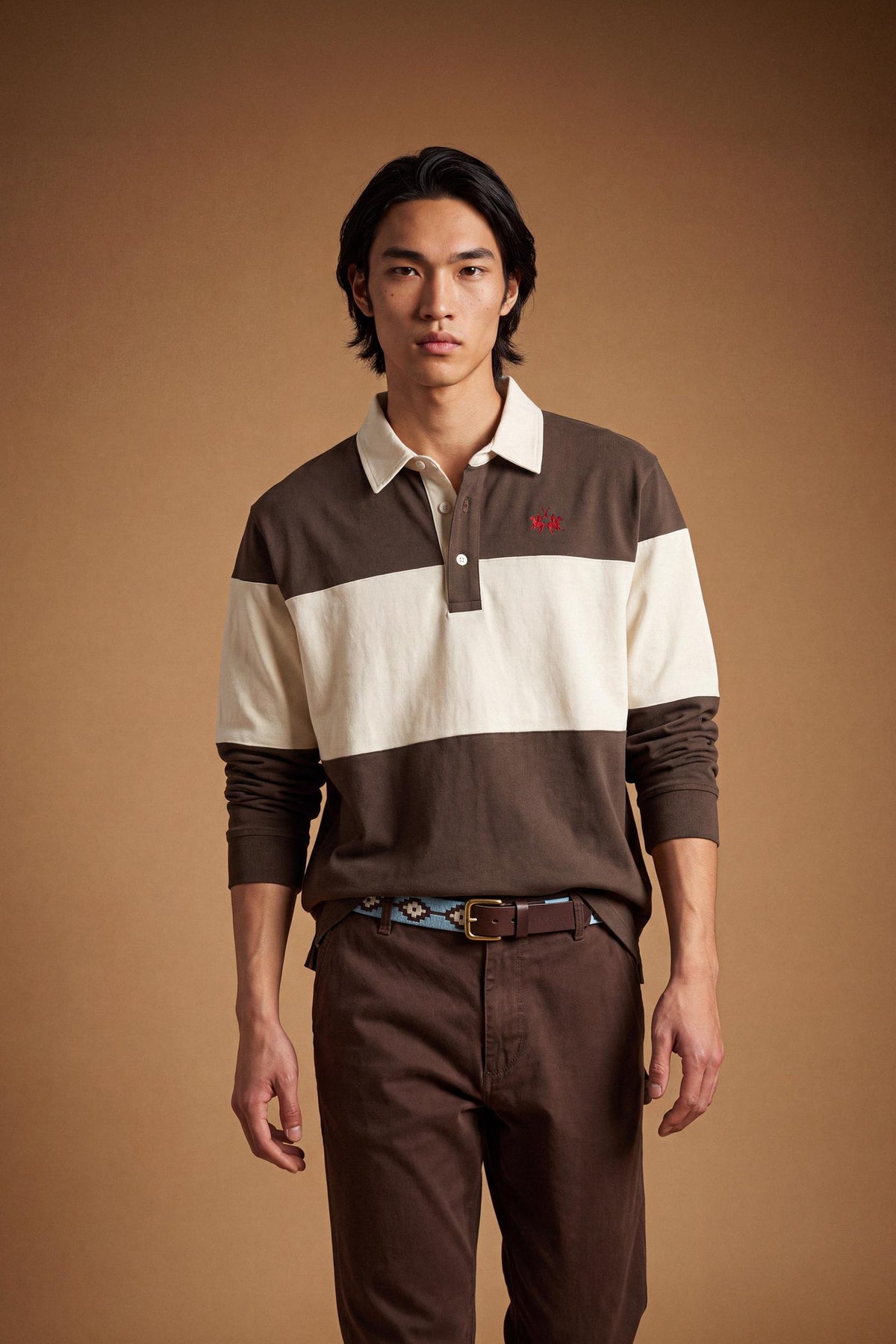Men's long-sleeve polo in heavy 100% cotton jersey with two-tone collegiate color block, rugby construction, contrasting collar, and embroidered logo for comfor - HotFudge/Pristine