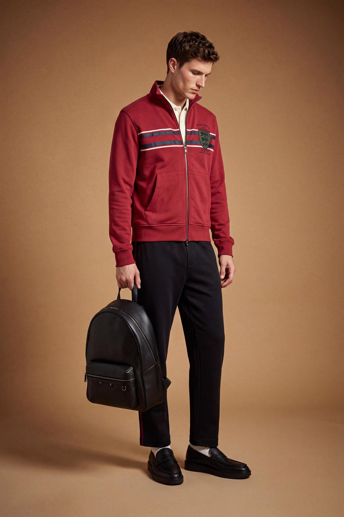 Men's long-sleeve sweatshirt in soft cotton with high double-layer collar, front zipper, ribbed cuffs, kangaroo pockets, and striking red, black, white stripes. - Red Dahlia