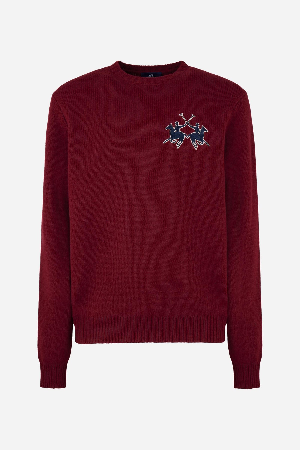 Men's long-sleeve Merino wool sweater with a soft, warm feel, regular fit, ribbed crew neck, cuffs, hem, and a 3D embroidered logo on the chest. - Port Royale