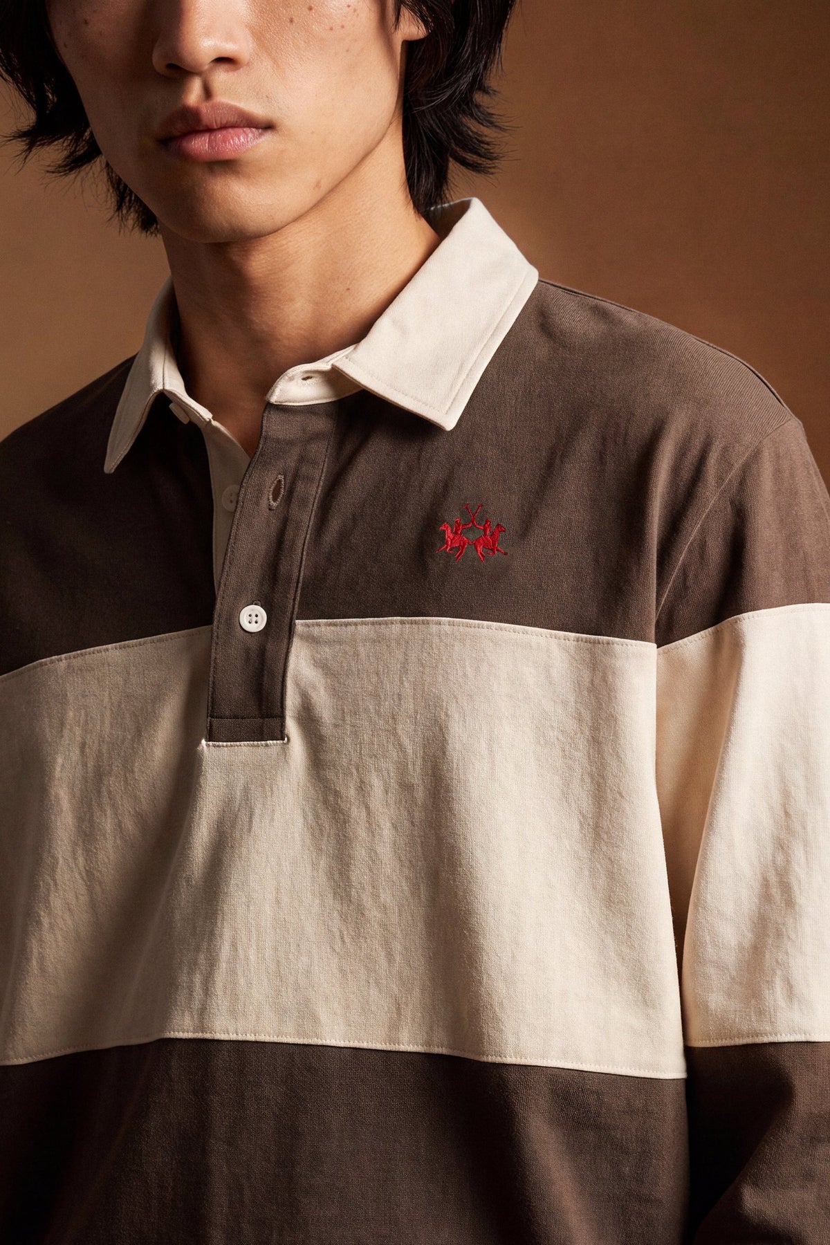 Men's long-sleeve polo in heavy 100% cotton jersey with two-tone collegiate color block, rugby construction, contrasting collar, and embroidered logo for comfor - HotFudge/Pristine