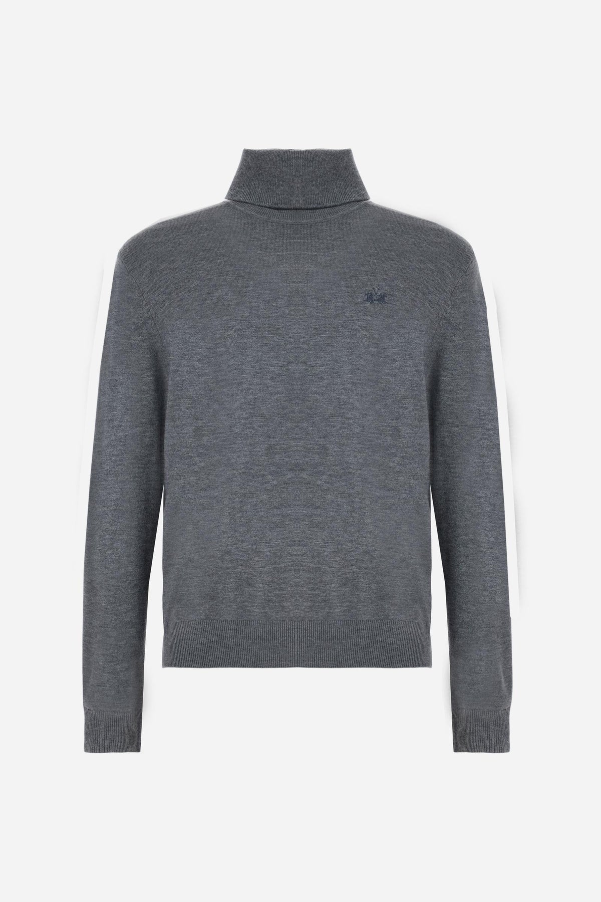 Men's long-sleeve sweater with a high-neck, soft wool-cotton blend, ribbed collar and cuffs, and subtle tone-on-tone embroidered logo for a comfortable, classic fit. - Medium Heather Grey