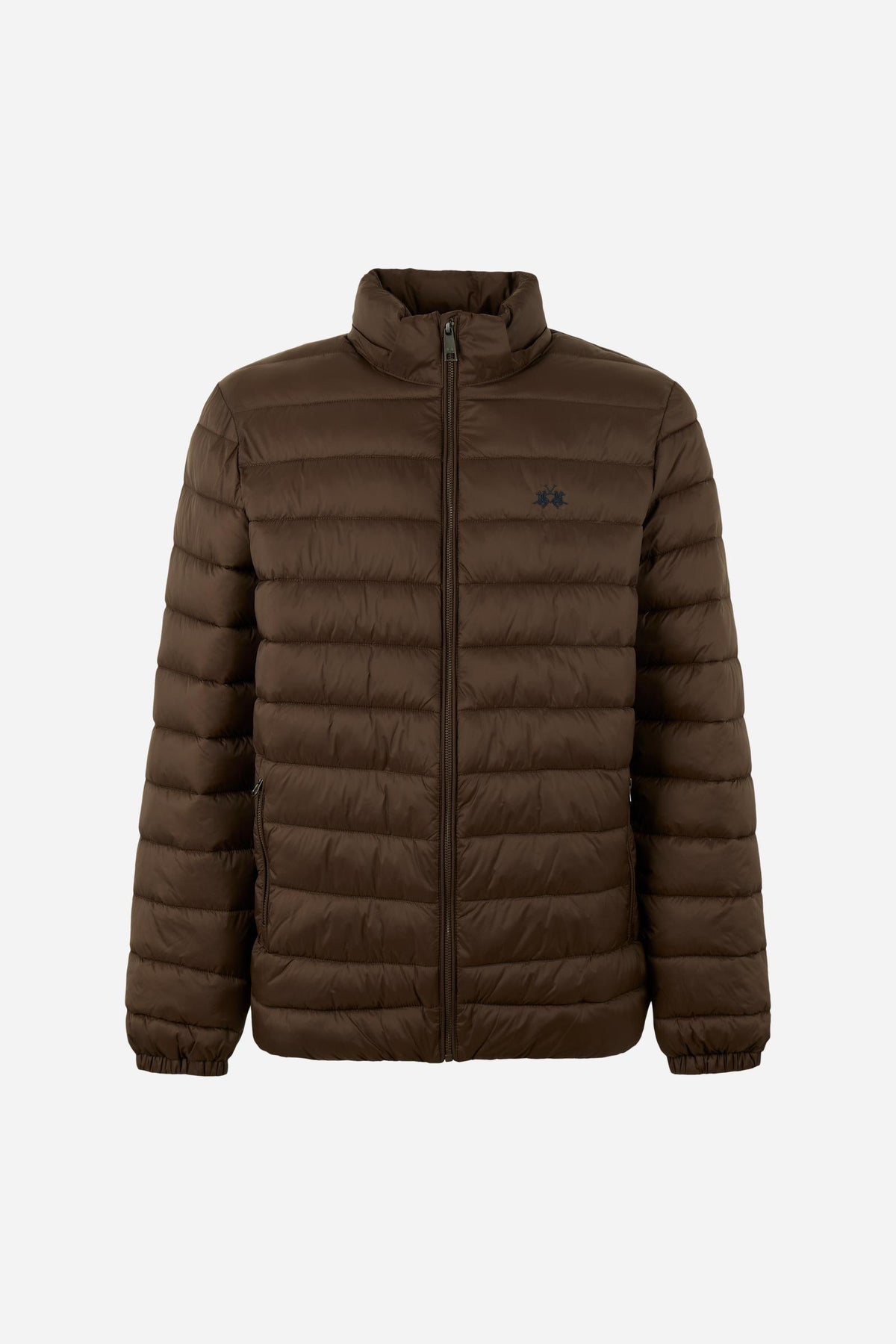 Short men's down jacket with quilted padding for warmth, nylon shell, zippered pockets, elastic cuffs, integrated hood, and a relaxed, comfortable fit. - Hot Fudge