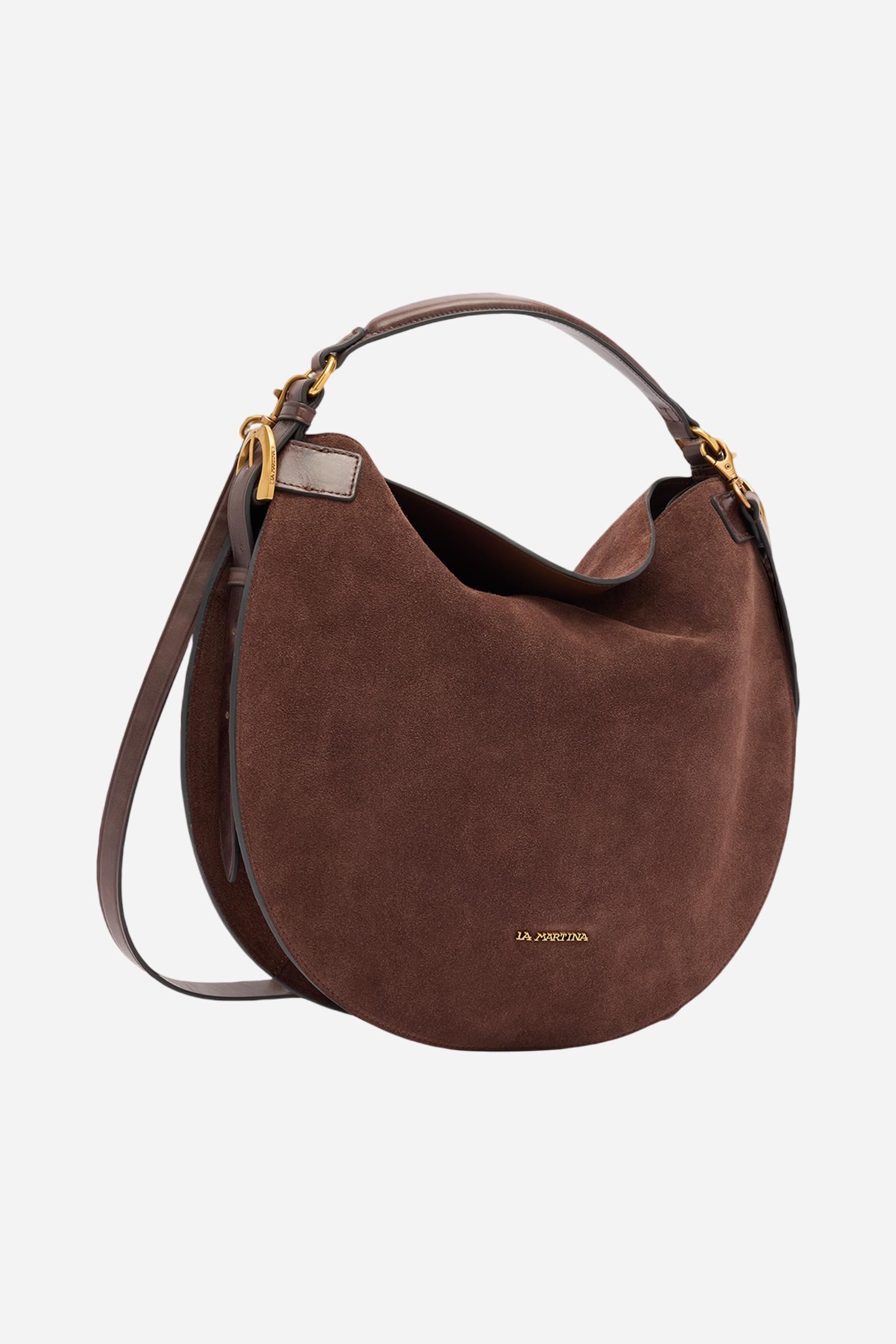 Large hobo bag crafted from solid-colour suede. Contrasting leather inserts on the sides recall traditional craftsmanship. Structured handle and detachable leather shoulder strap, both in a contrasting hue. Gold-tone engraved logo plaque on the lower front. Dimensions:25 x 28 x 6 - D.BROWN/D.CHOCOLATE