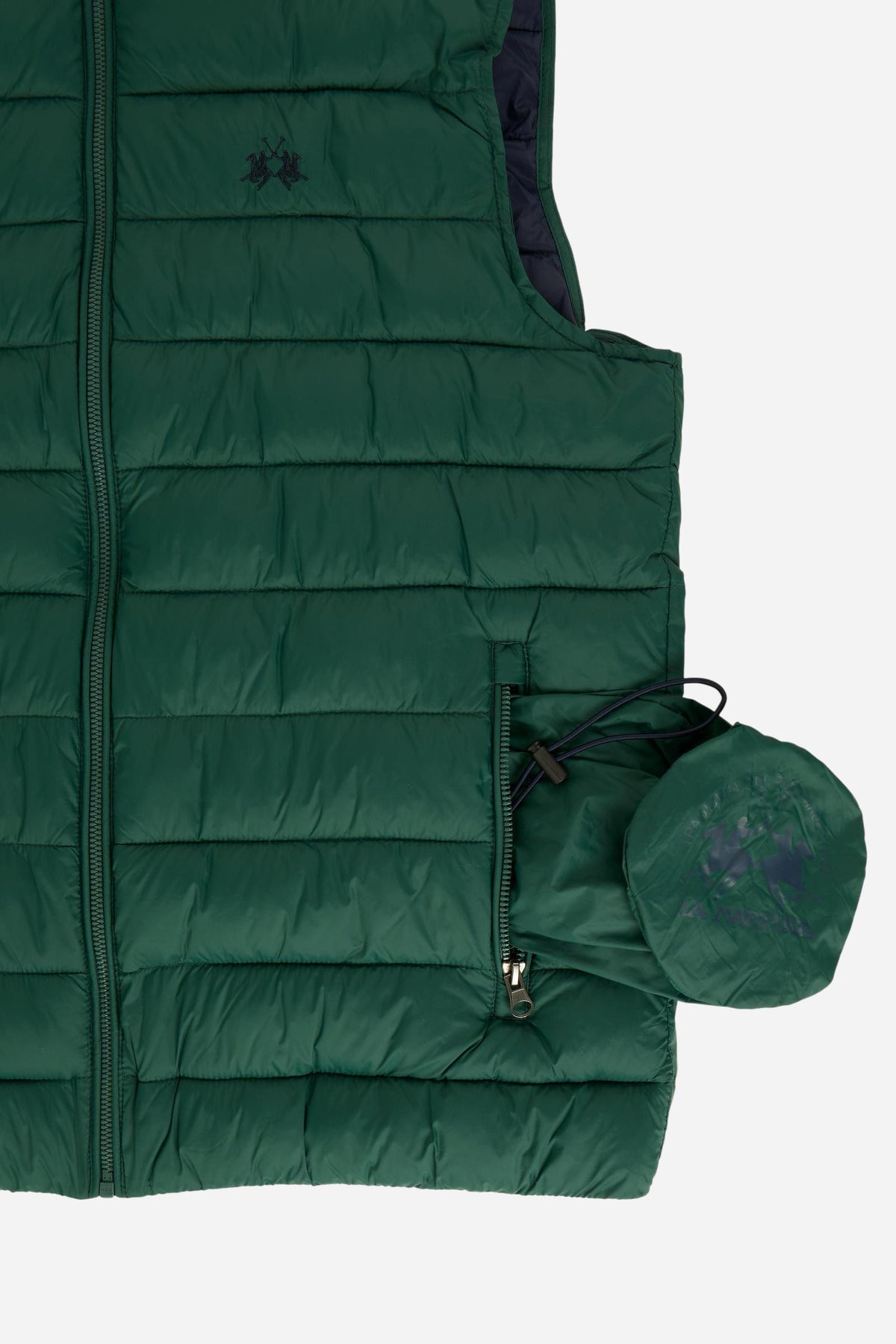 Men's sleeveless down jacket in lightweight nylon with wadding padding for warmth, zippered pockets, high collar, and contrasting interior and logo details. - Pine Grove